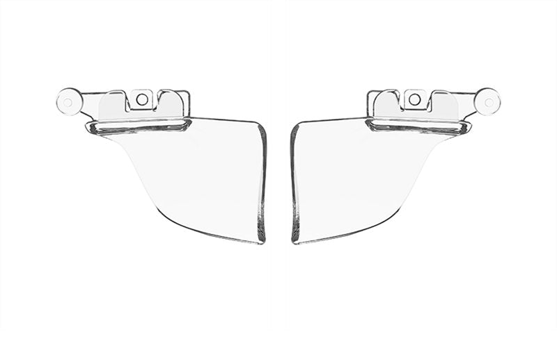 Zwei eckige transparente Visieraufsätze mit Scharnieren, die an abnehmbaren Seitenschutz für die WILEY X Wiley X Sonnenbrille ALFA erinnern, stehen sich vor weißem Hintergrund gegenüber.