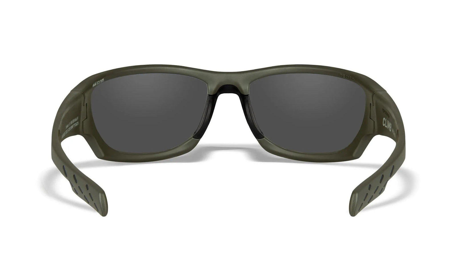 Die WILEY X Sonnenbrille CLIMB verfügt über dunkle, umlaufende schwarze Gläser und einen matten OD-grünen Rahmen, der von vorne auf einem weißen Hintergrund dargestellt wird. Bietet 100% UVA/UVB-Schutz für hervorragenden Augenschutz.