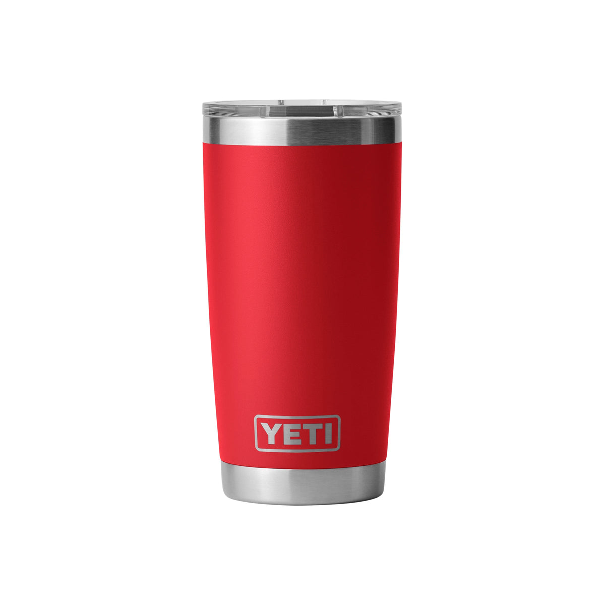 Ein YETI® Becher Rambler 20 Oz in Rescue Red mit einem Boden und Deckel aus Edelstahl mit dem YETI-Logo auf der Vorderseite steht aufrecht vor einem schlichten weißen Hintergrund.