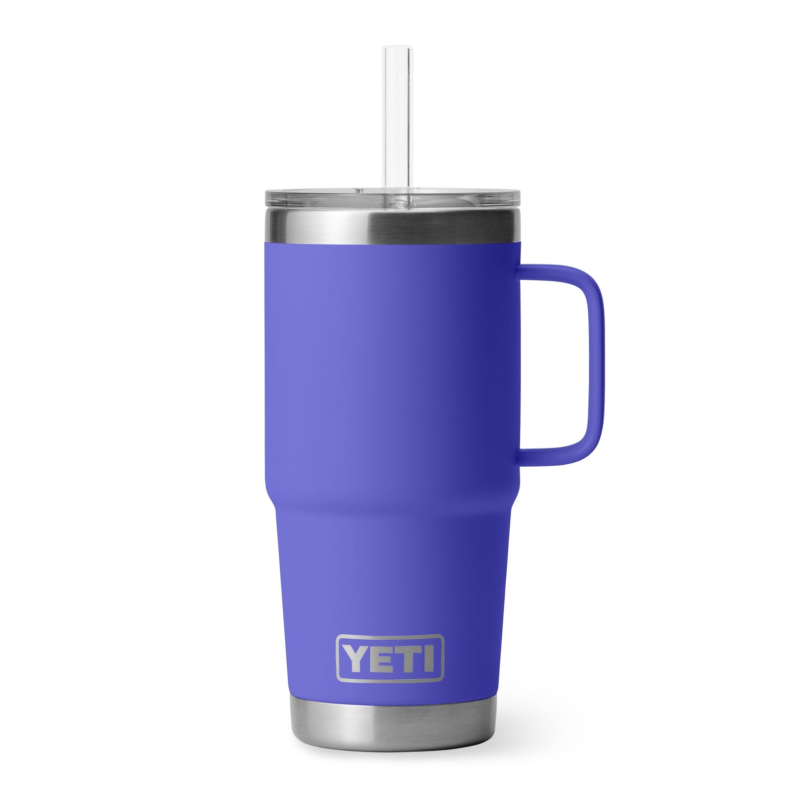 Der YETI® Becher Rambler 25 Oz Straw Mug - Ultramarine hat ein hohes Design mit Henkel, durchsichtigem Deckel, Strohhalm, robustem Edelstahlboden und dem ikonischen YETI-Logo. Genießen Sie diesen ultramarinblauen Becher in limitierter Auflage für ultimativen Stil und Haltbarkeit.