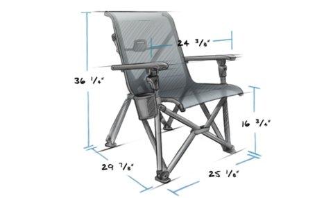 Eine Skizze eines komfortablen Campingstuhls, wie der YETI® Camping Stuhl Trailhead - Navy, mit Abmessungen: 36 1/4" hoch, 24 3/4" breit, Sitzhöhe 16 3/4", Tiefe mit Beinen 29 7/8", und mit Armlehnen und Becherhalter ausgestattet.