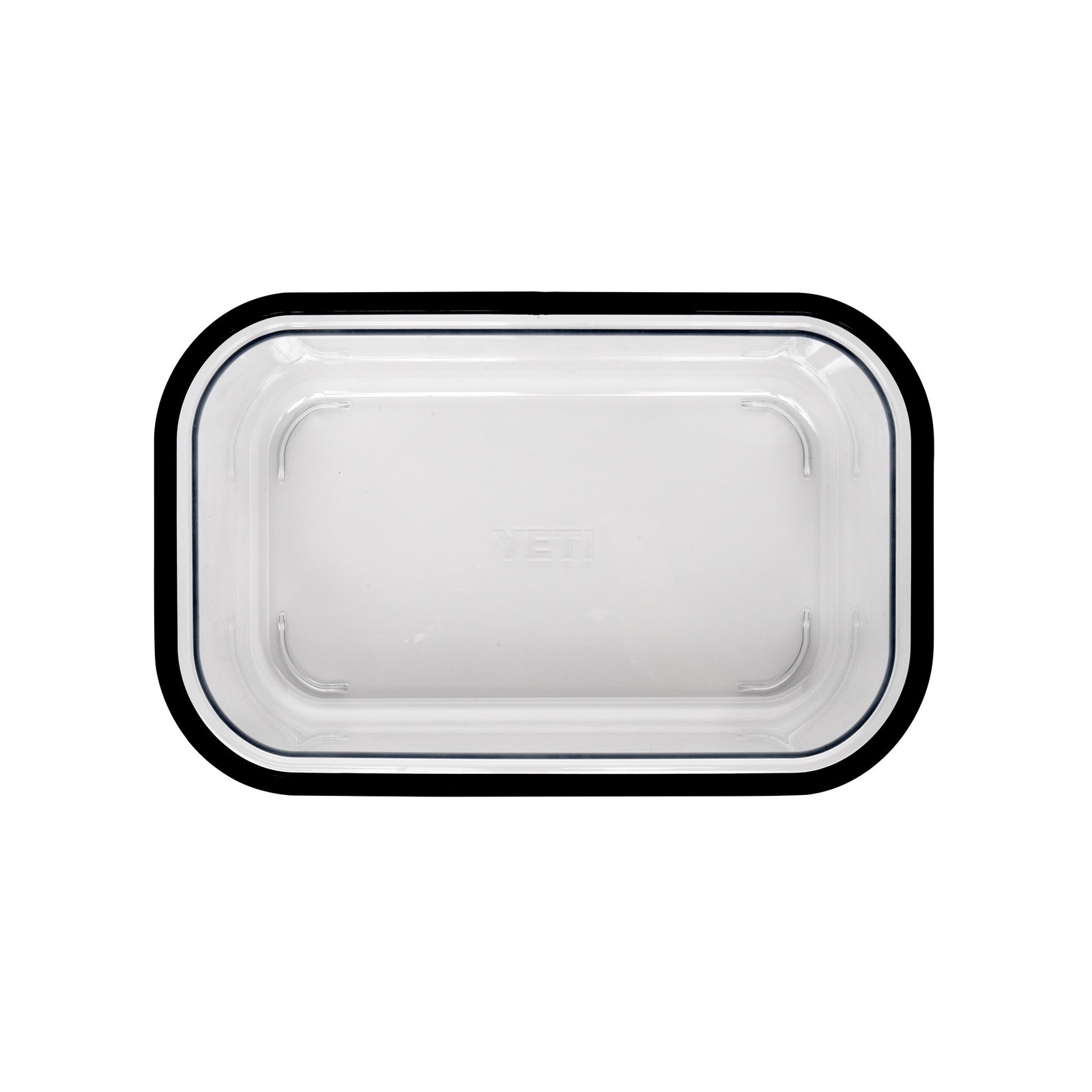 Ein klarer, rechteckiger Kunststoffdeckel mit abgerundeten Ecken und einer schwarzen Gummidichtung, von oben auf weiß abgebildet - ideal als Ersatz für Ihren YETI® Einlegekorb zu Roadie 24 von YETI, perfekt für Camping oder Picknick im Freien.