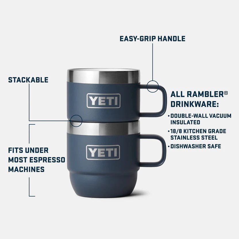 Zwei YETI® Espresso-Tassen Rambler 6 Oz (2er Pack) in Rescue Red mit leicht greifbaren Griffen, doppelwandiger Vakuumisolierung, aus Edelstahl, spülmaschinenfest und passend unter die meisten Espressomaschinen.