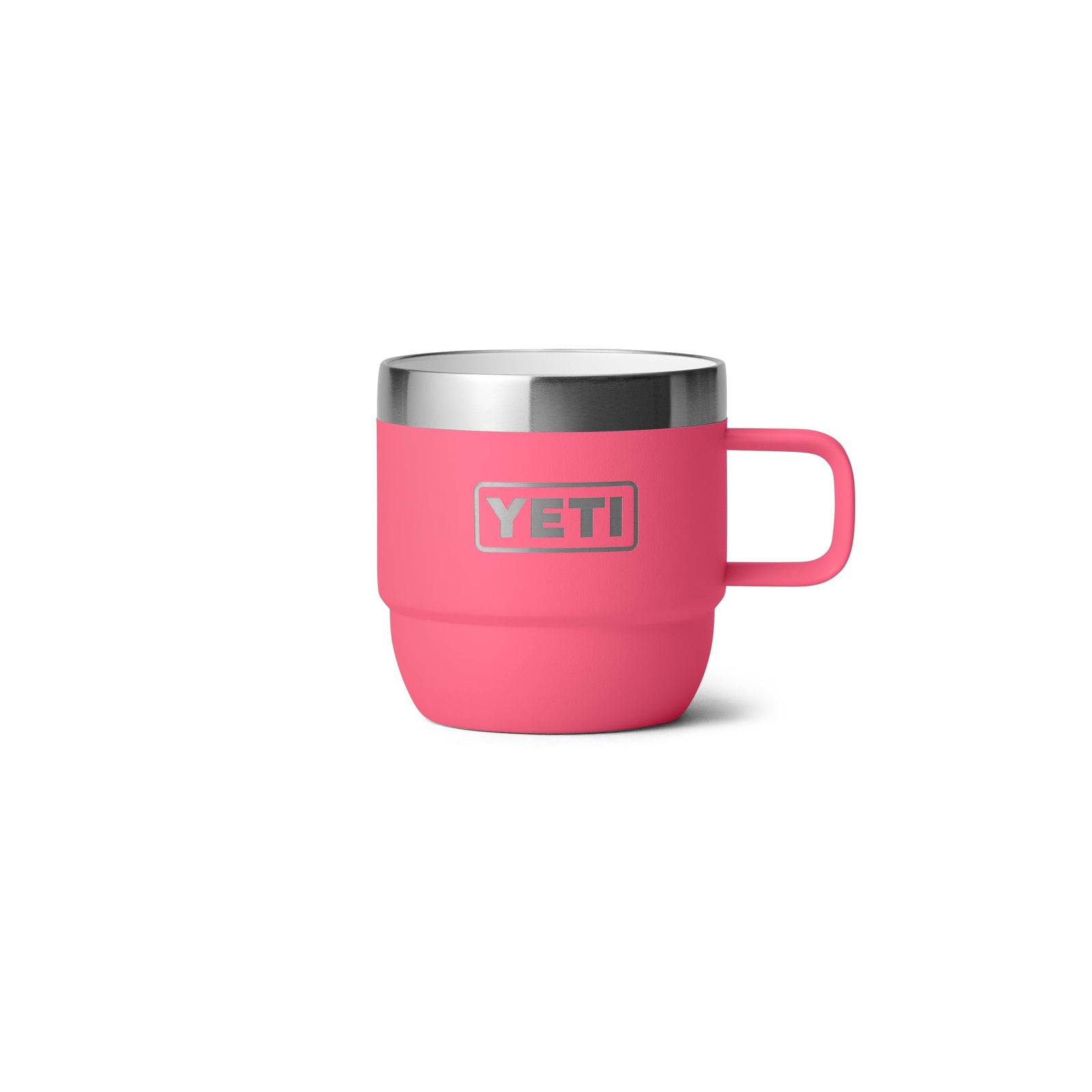 Die YETI® Espresso-Tasse Rambler 6 Oz (2er Pack) in Tropical Pink mit silbernem Edelstahlrand und doppelwandiger Vakuumisolierung erscheint vor weißem Hintergrund.