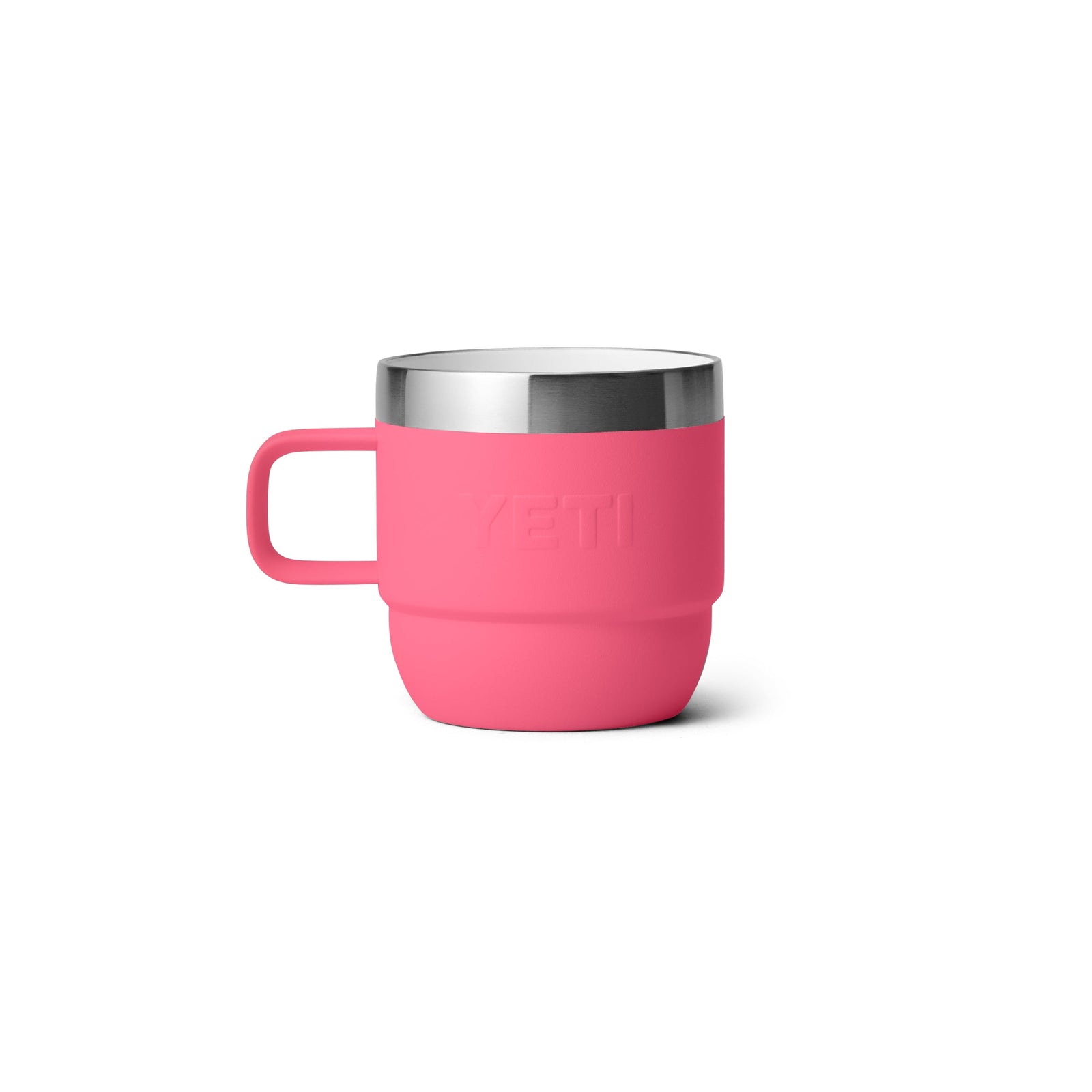 Die YETI® Rambler Espresso-Tassen 6 Oz (2er Pack) in Tropical Pink bieten doppelwandige Vakuumisolierung, Edelstahlrand und Henkel - präsentiert vor schlichtem weißen Hintergrund.