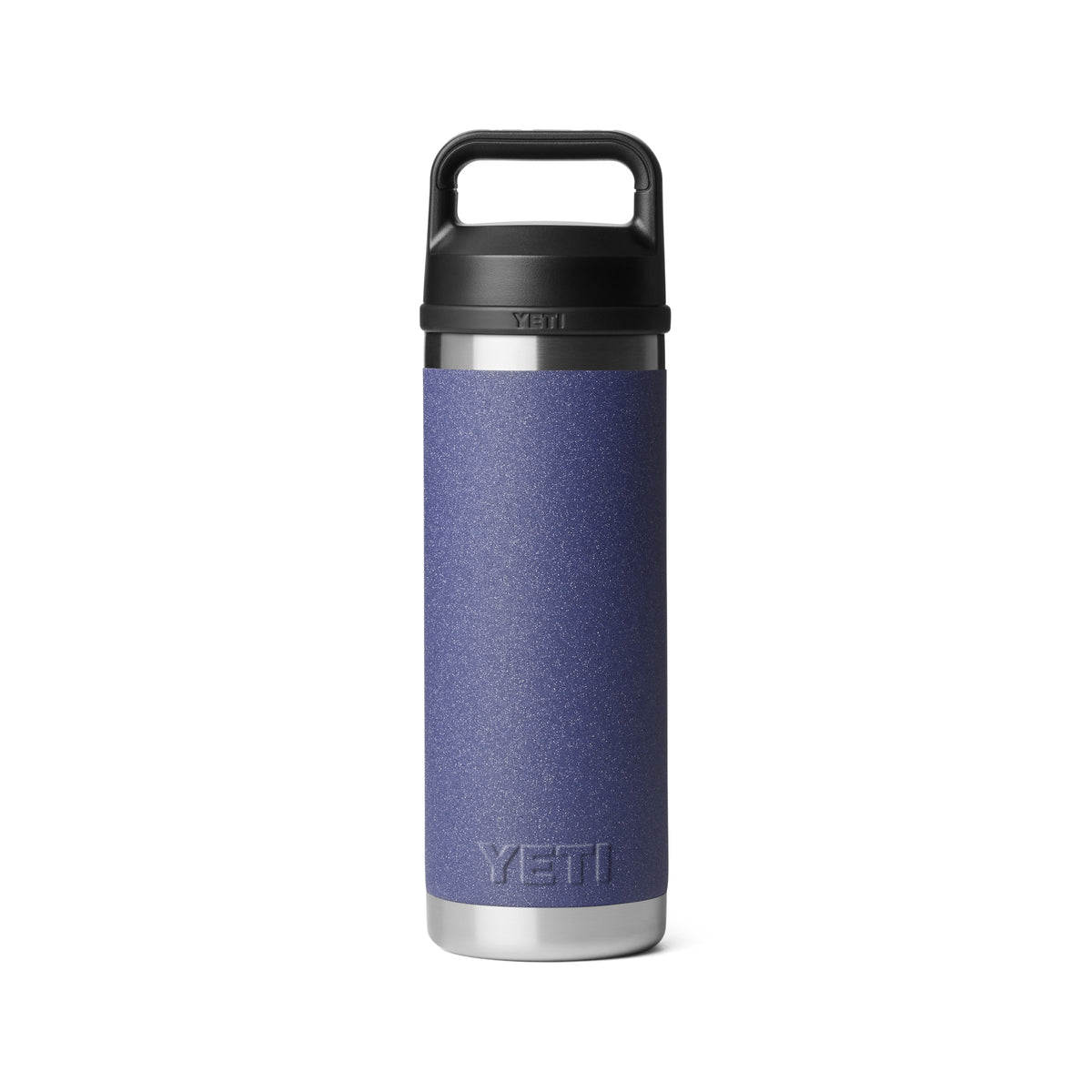 YETI® Flasche Rambler 18 Oz - Moon Dust aus Edelstahl mit schwarzem Chug Cap und Tragegriff, vor weißem Hintergrund präsentiert.