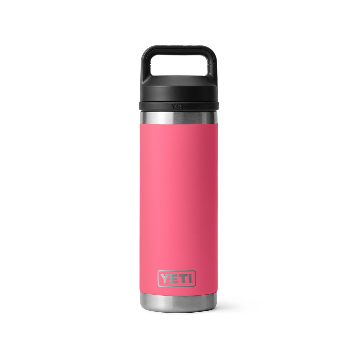 Die YETI® Flasche Rambler 18 Oz in Tropical Pink mit Edelstahlkörper, silbernem Boden, schwarzem Griffdeckel und doppelwandiger Vakuumisolierung ist auf einem schlichten weißen Hintergrund abgebildet.