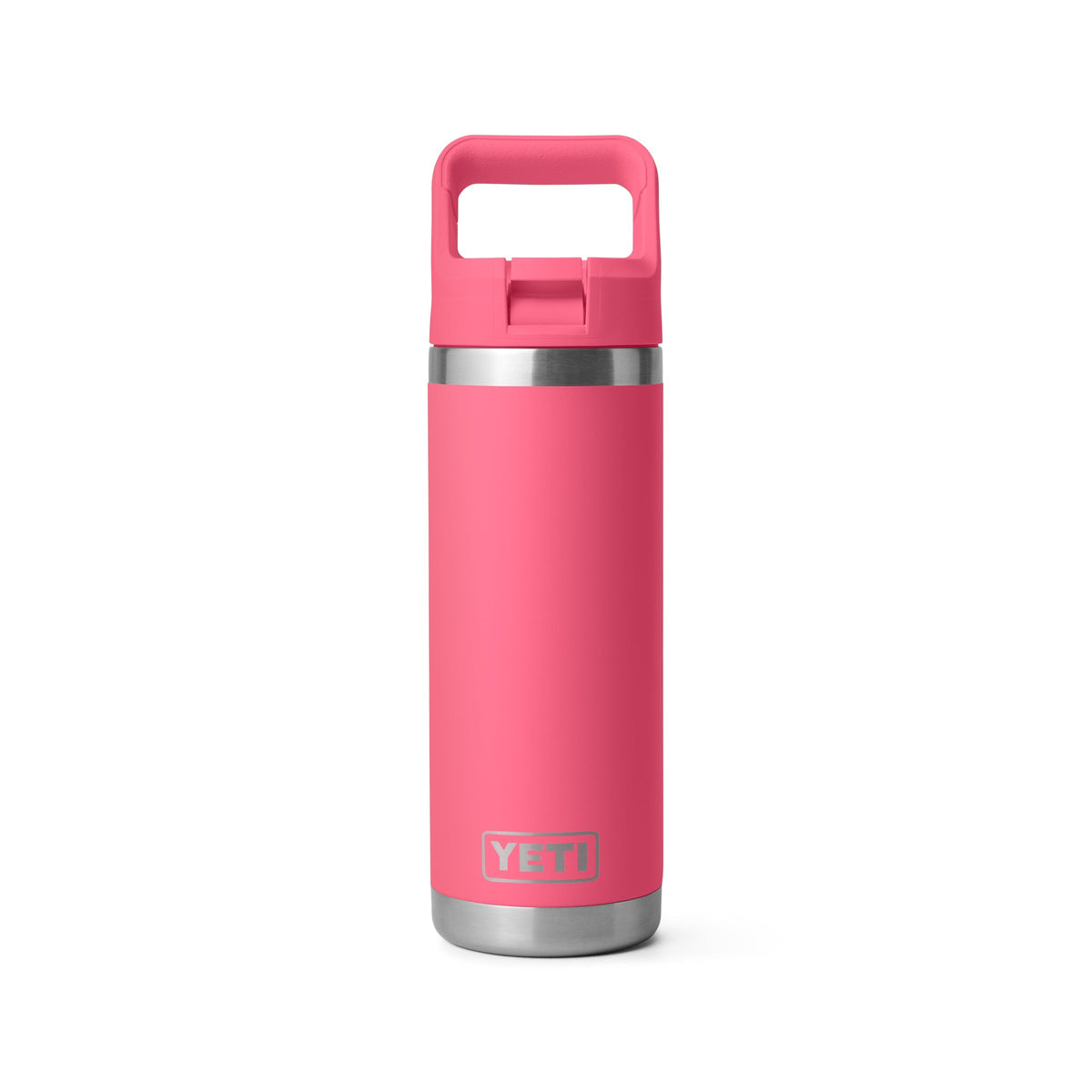 Eine YETI® Flasche Rambler 18 Oz Straw Bottle in Tropical Pink mit auslaufsicherem Deckel und Henkel steht aufrecht vor weißem Hintergrund.