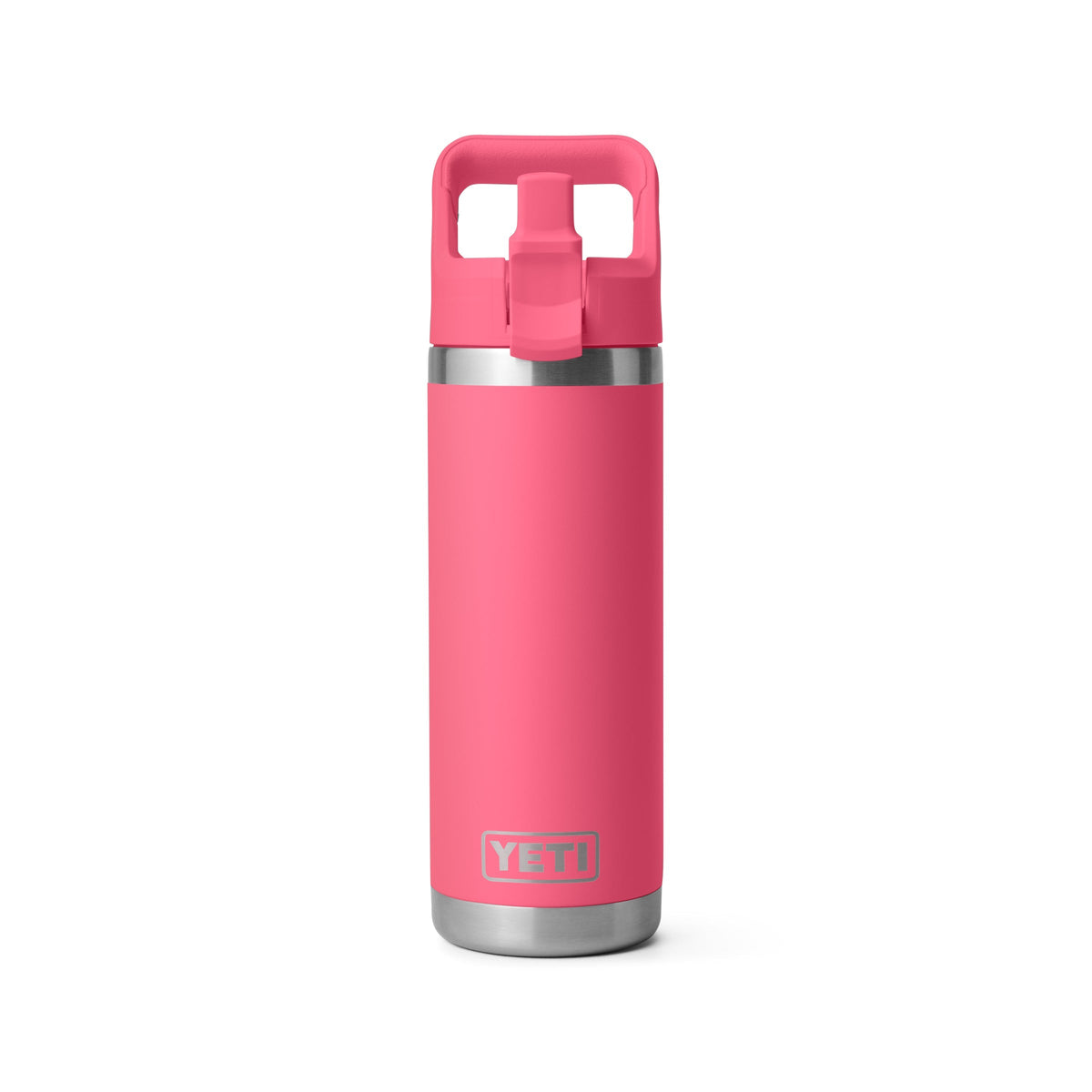 Eine YETI® Flasche Rambler 18 Oz Straw Bottle in Tropical Pink, aus Edelstahl mit Griff und auslaufsicherem Ausguss, auf weißem Hintergrund.