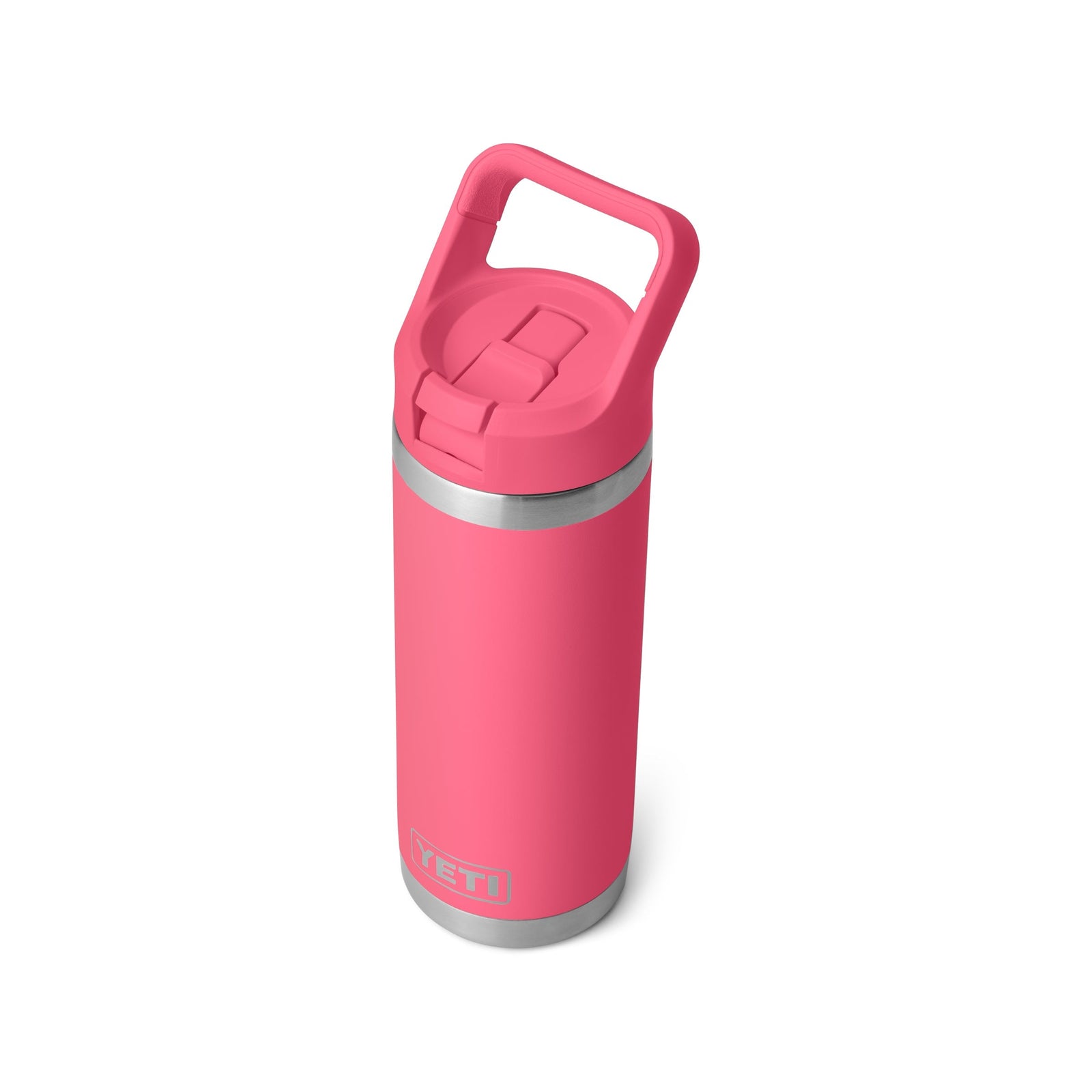 Die YETI® Flasche Rambler 18 Oz Straw Bottle in Tropical Pink ist eine isolierte, auslaufsichere Trinkflasche mit Henkel, ideal für unterwegs und präsentiert sich vor weißem Hintergrund.