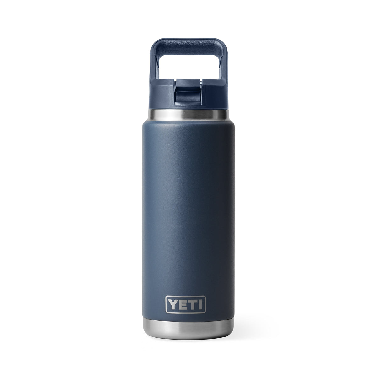 Eine navyfarbene YETI® Flasche Rambler 26 Oz Straw Edelstahlflasche mit Griffdeckel ist aufrecht stehend auf weißem Hintergrund abgebildet.