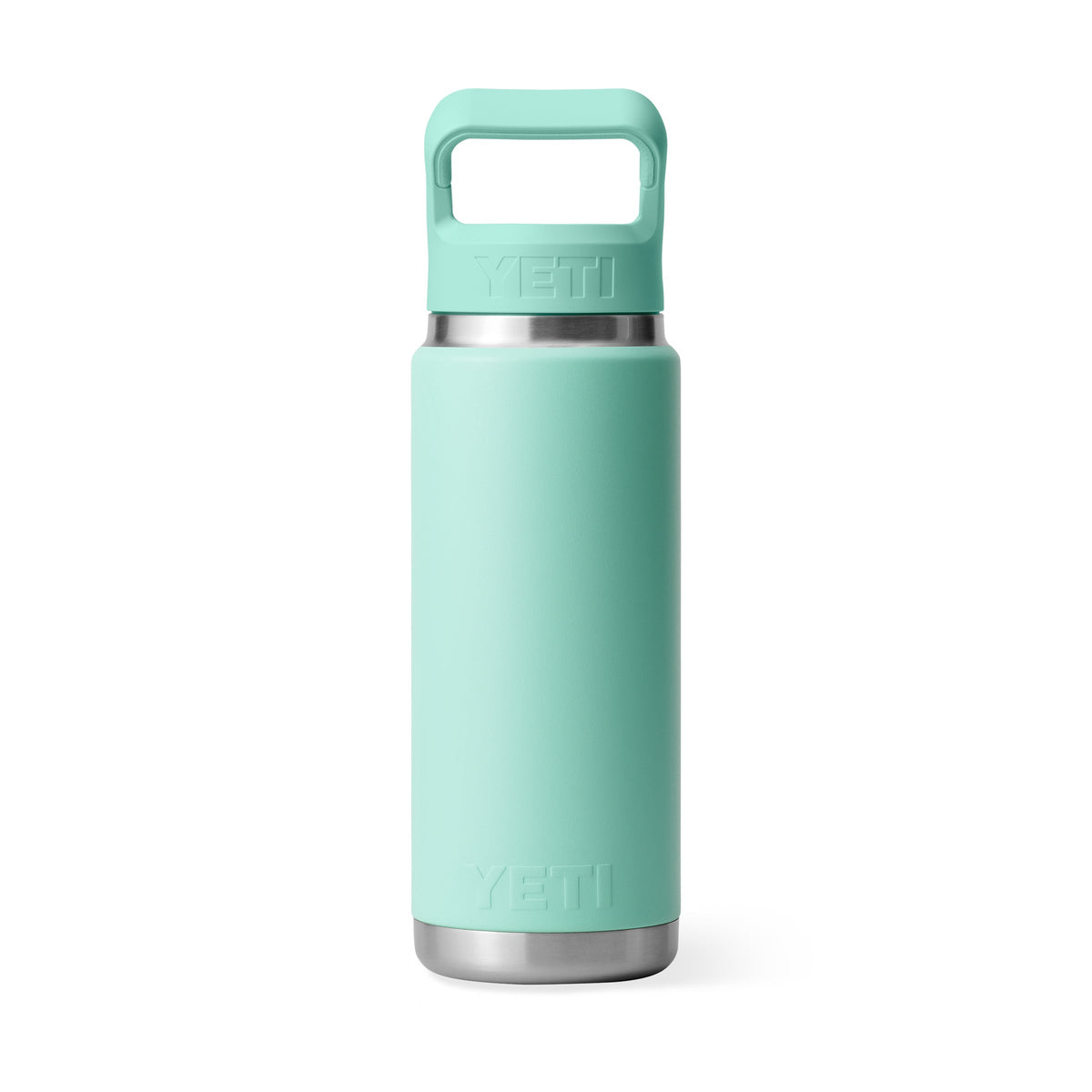 Die YETI® Flasche Rambler 26 Oz Straw in Seafoam von YETI, mit passendem Trinkhalmdeckel und Edelstahlboden, ist auf weißem Hintergrund abgebildet.