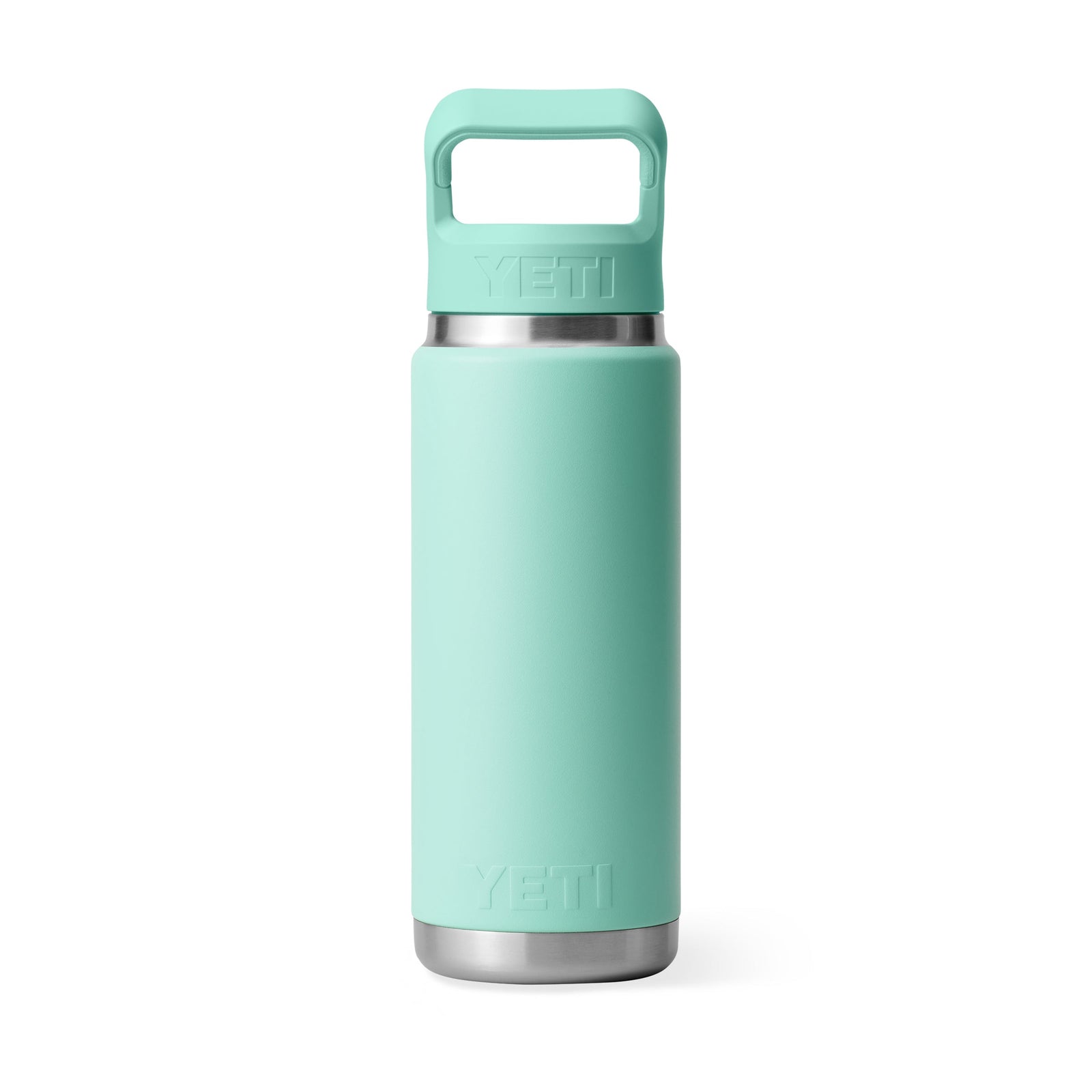 Die YETI® Flasche Rambler 26 Oz Straw in Seafoam von YETI, mit passendem Trinkhalmdeckel und Edelstahlboden, ist auf weißem Hintergrund abgebildet.