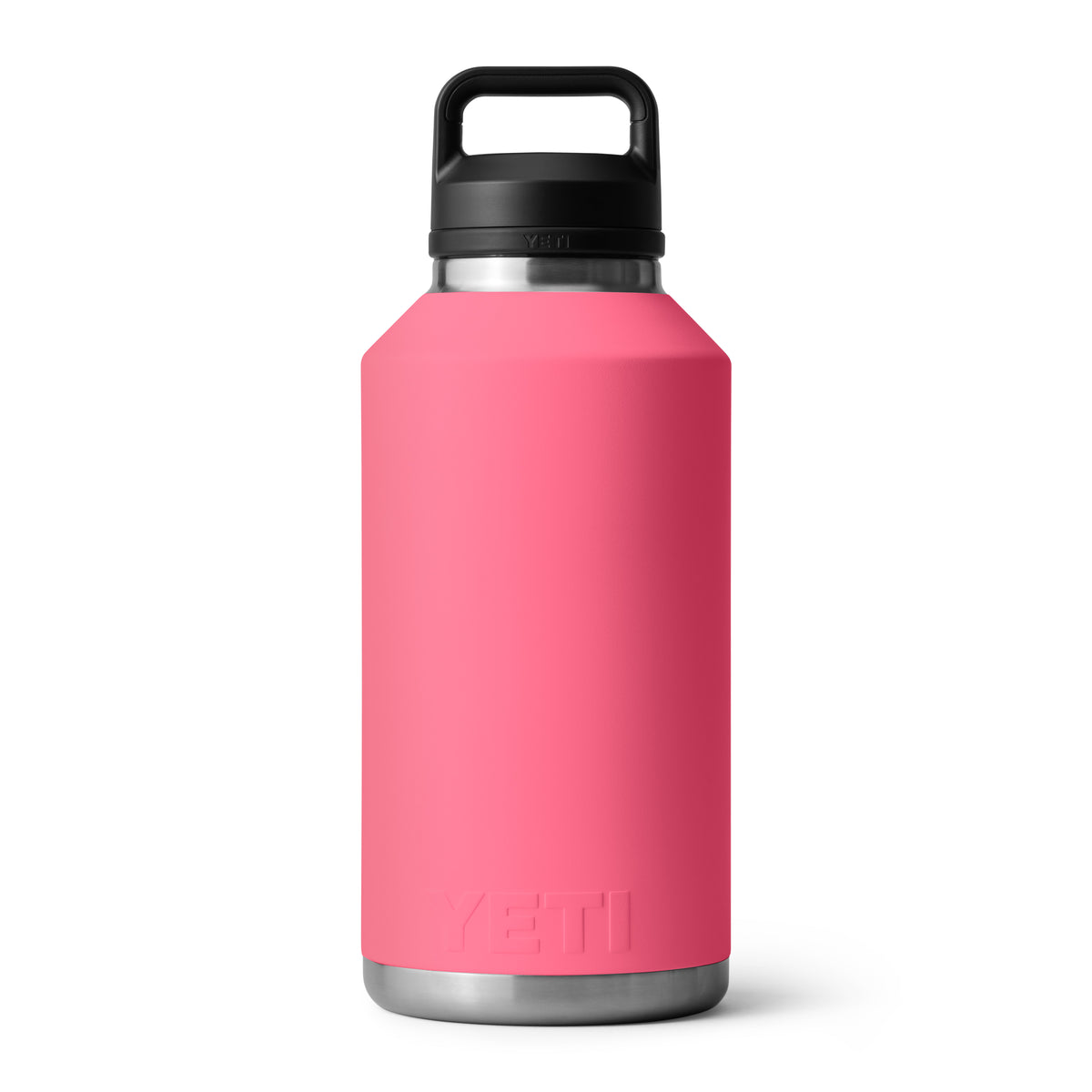 Die YETI® Flasche Rambler 64 OZ in Tropical Pink verfügt über eine doppelwandige Vakuumisolierung, einen Boden aus Edelstahl und einen schwarzen Chug-Cap-Griffdeckel, der aufrecht auf weißem Hintergrund abgebildet ist.