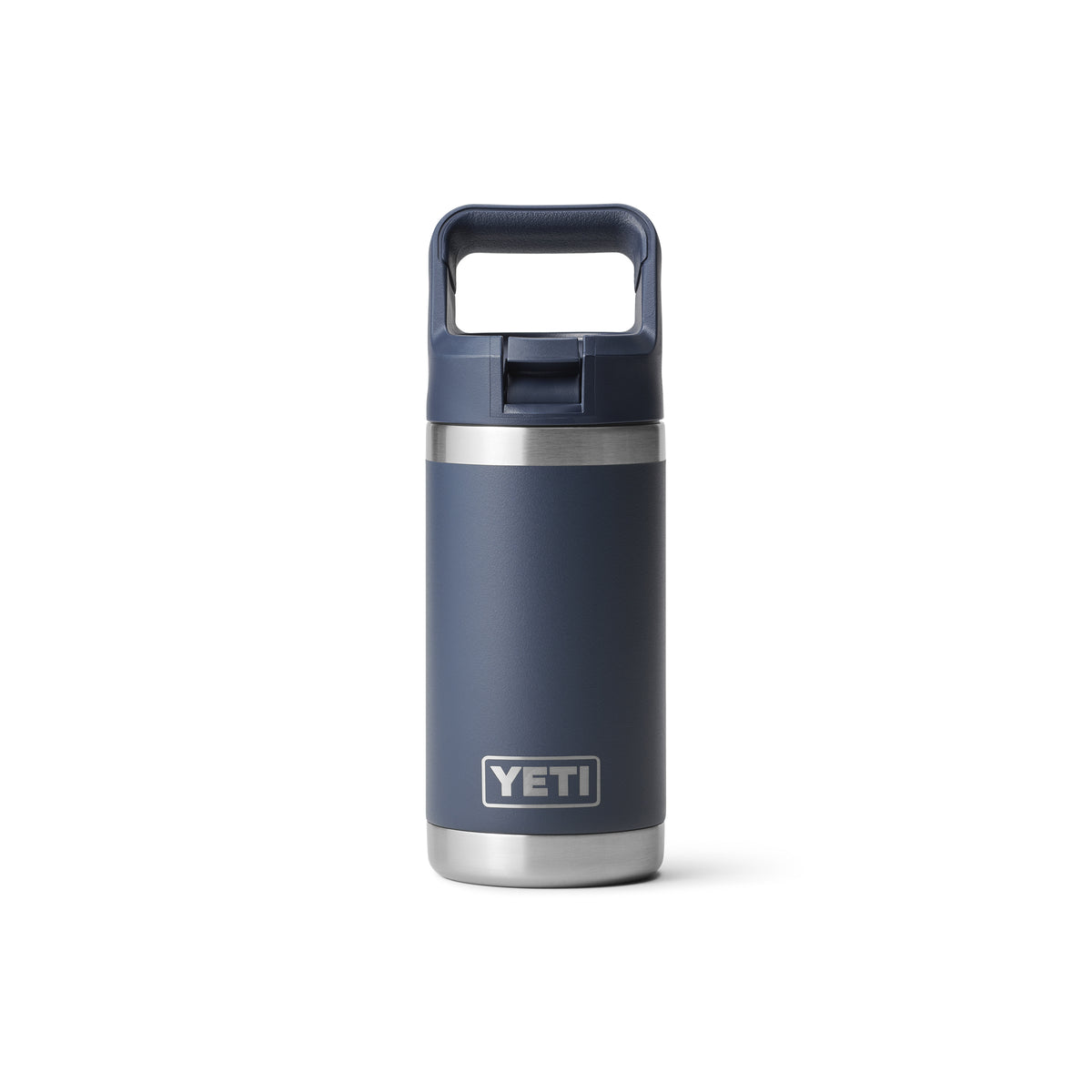 Eine marineblaue YETI® Flasche Rambler JR 12 Oz Strohflasche (Edelstahl Trinkflasche) mit stabilem Griff, silbernem Boden und Deckel und dem YETI Logo auf der unteren Vorderseite. Die Flasche ist auf einem schlichten weißen Hintergrund zentriert.