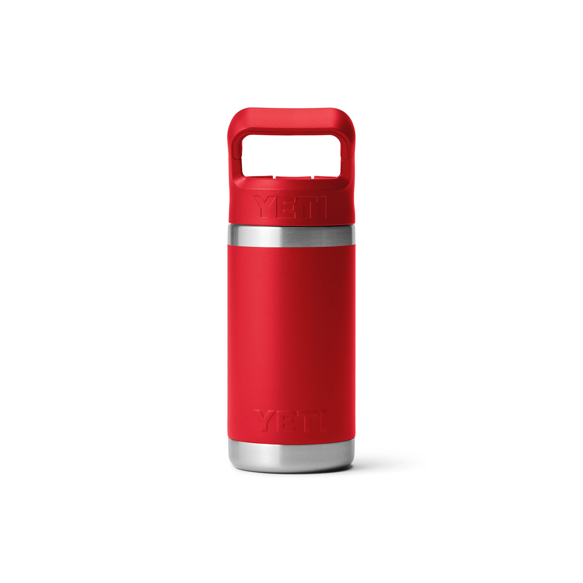 Die YETI® Flasche Rambler JR 12 Oz Straw Bottle in Rescue Red mit stabilem Griff und silbernem Boden steht aufrecht auf weißem Hintergrund.