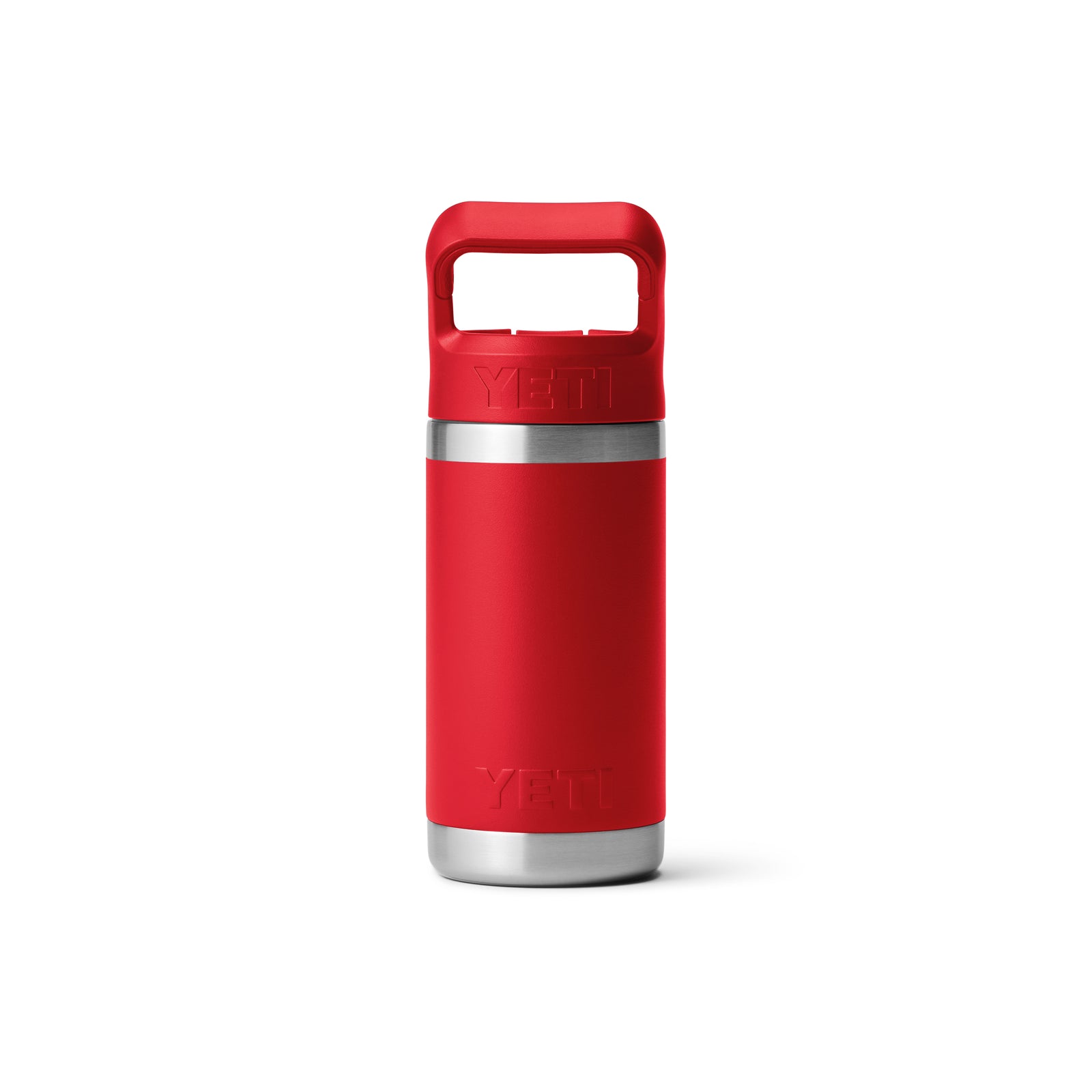 Die YETI® Flasche Rambler JR 12 Oz Straw Bottle in Rescue Red mit stabilem Griff und silbernem Boden steht aufrecht auf weißem Hintergrund.