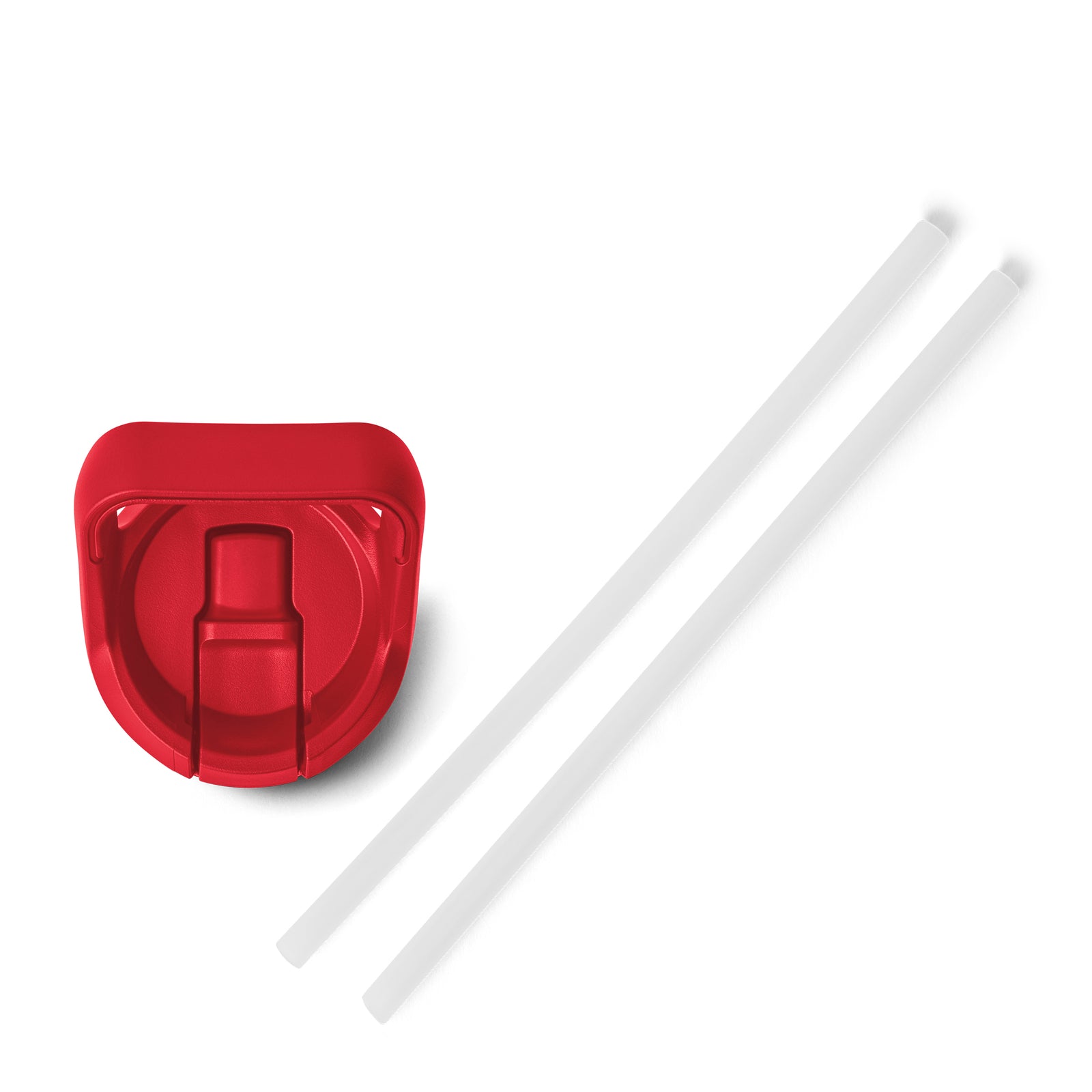 Ein YETI® Rambler JR 12 Oz Strohhalmflaschen-Deckel in Rescue Red mit integriertem Ausgießer ist neben zwei geraden, klaren Strohhalmen abgebildet, die mit dem YETI Rambler JR kompatibel sind und perfekt für die Vakuumisolierung von Getränken geeignet sind.