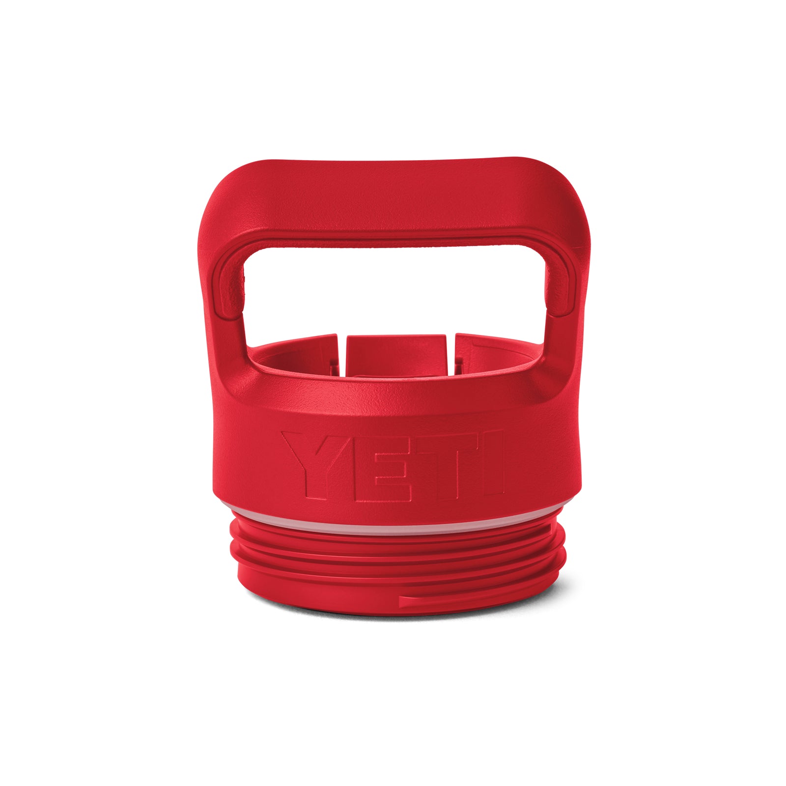 Ein roter Verschluss der YETI® Flasche Rambler JR 12 Oz Straw Bottle mit breitem Henkel und Schraubgewinde wird vor einem weißen Hintergrund dargestellt.