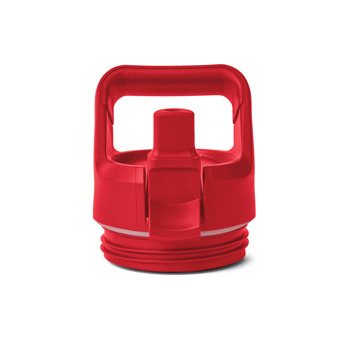 YETI® Flasche Rambler JR 12 Oz Straw Bottle - Rescue Red verfügt über einen roten Kunststoffdeckel mit integriertem Ausgießer, Tragegriff und Schraubgewinde für Ihre vakuumisolierte Kinderflasche Edelstahl, abgebildet auf weißem Hintergrund.