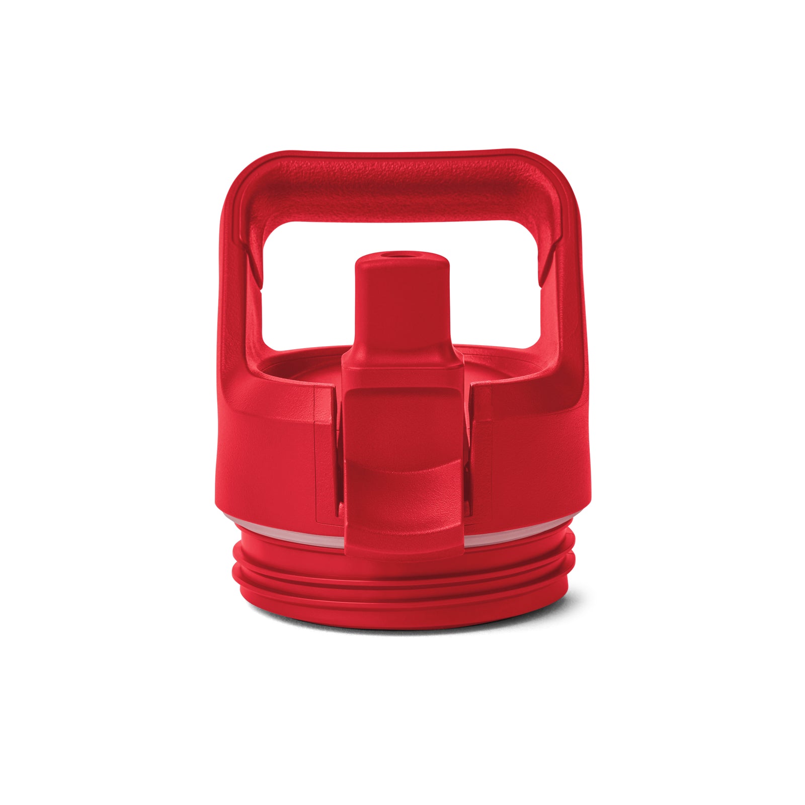 YETI® Flasche Rambler JR 12 Oz Straw Bottle - Rescue Red verfügt über einen roten Kunststoffdeckel mit integriertem Ausgießer, Tragegriff und Schraubgewinde für Ihre vakuumisolierte Kinderflasche Edelstahl, abgebildet auf weißem Hintergrund.