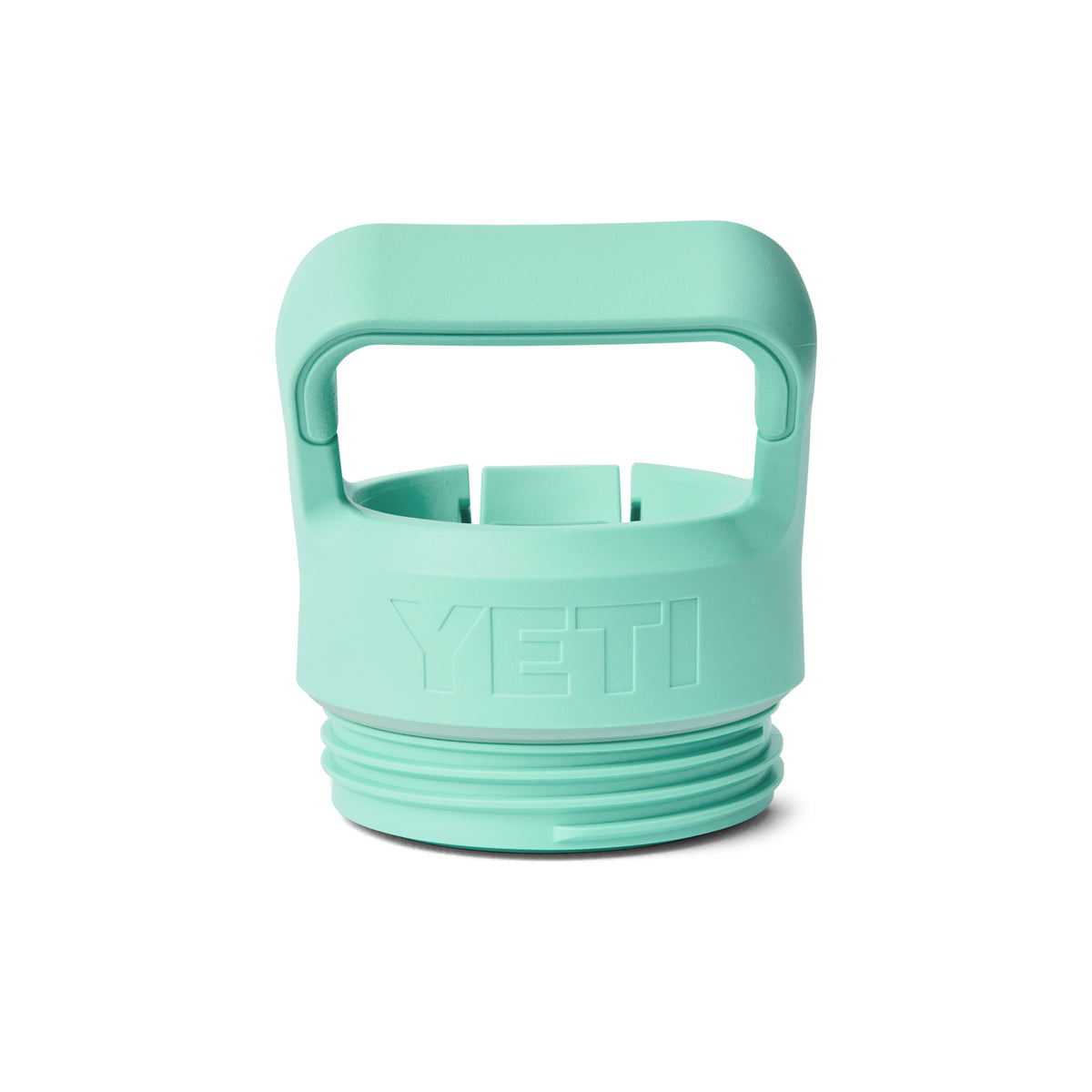 Die YETI® Flasche Rambler JR 12 Oz Straw Bottle in Seafoam hat einen großen, stabilen Griff und ein eingeprägtes YETI-Logo auf dem Deckel - ideal für Kinderflaschen aus Edelstahl, isoliert auf weißem Hintergrund.