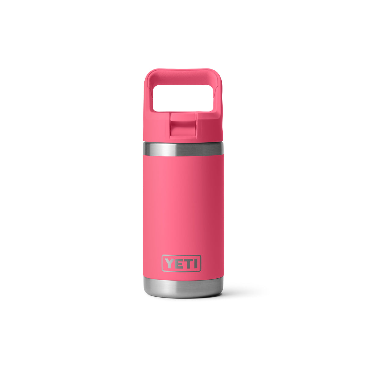 Eine YETI® Flasche Rambler JR 12 Oz Straw Bottle in Tropical Pink mit silbernem Boden und Henkel oben steht auf weißem Hintergrund.