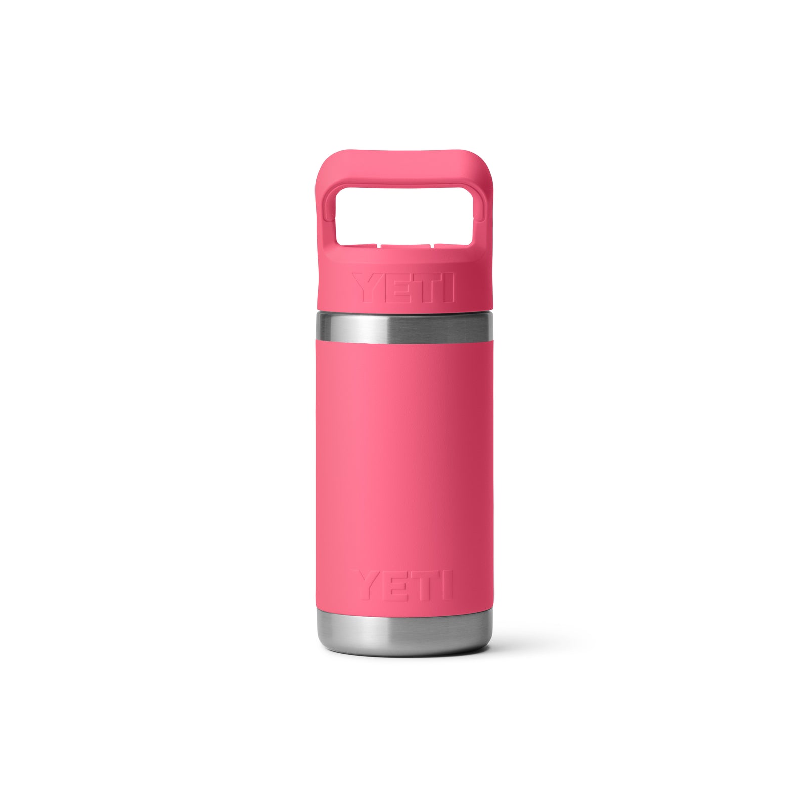 Die YETI® Flasche Rambler JR 12 Oz Straw Bottle in Tropical Pink mit stabilem Griff und Edelstahlakzenten zeigt das geprägte YETI-Logo auf der Vorderseite und ist auf weißem Hintergrund abgebildet.