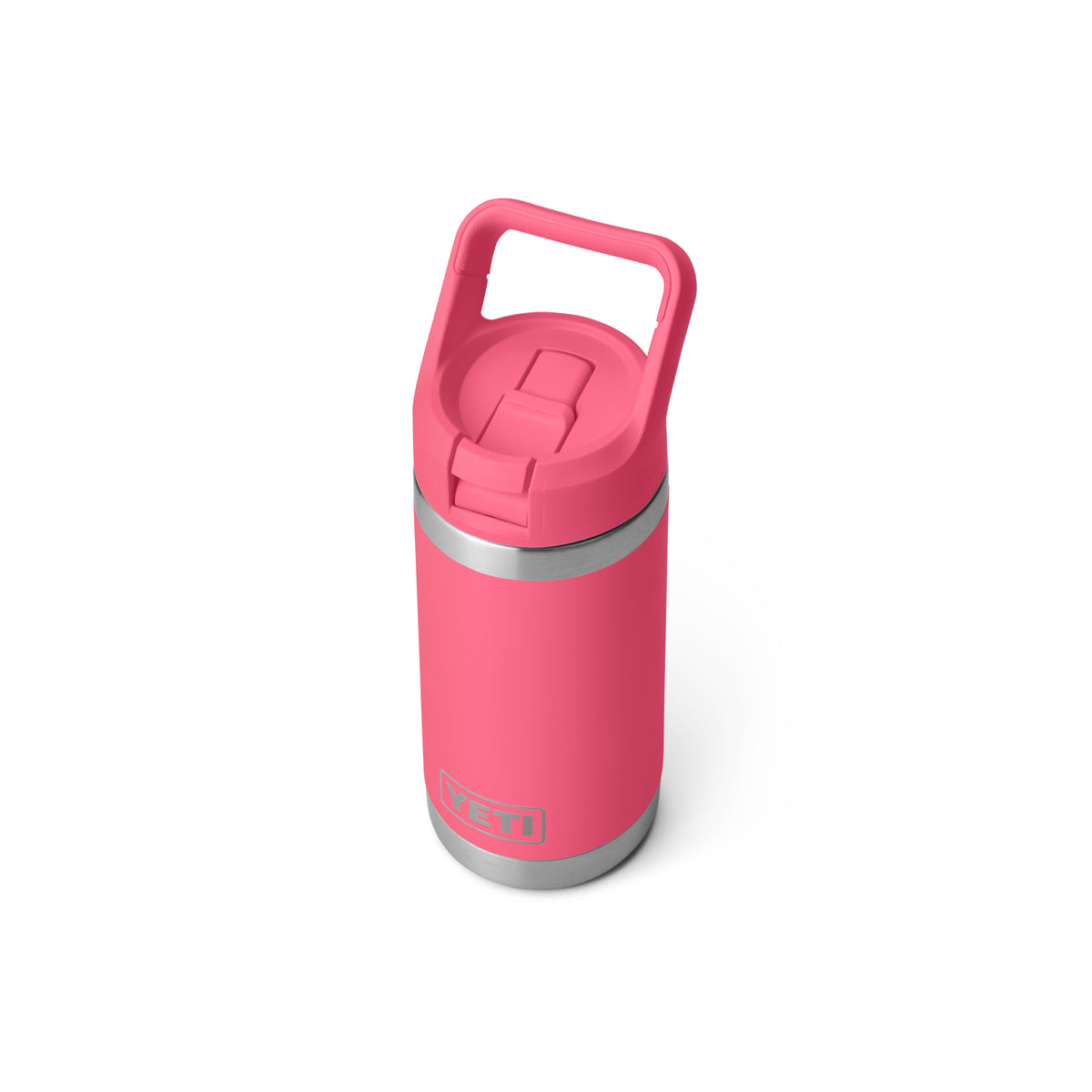 Eine YETI® Flasche Rambler JR 12 Oz Straw Bottle in Tropical Pink mit stabilem Henkel und silbernem Boden ist auf weißem Hintergrund abgebildet und zeigt die vakuumisolierte und robuste Edelstahl-Trinkflasche von YETI.