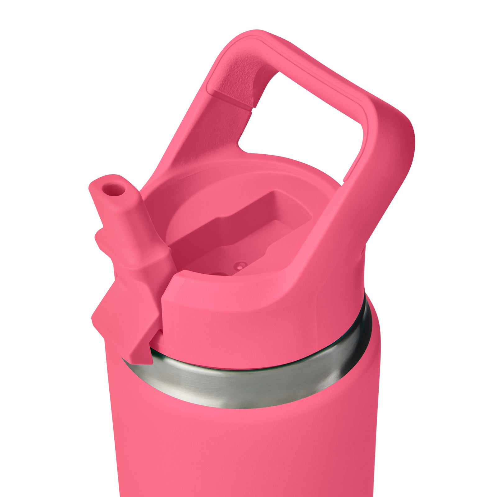 Eine Nahaufnahme der YETI® Flasche Rambler JR 12 Oz Straw Bottle in Tropical Pink, mit eingebautem Strohhalm, stabilem Griff am Deckel und Edelstahl-Akzent für ein stilvolles, vakuumisoliertes Trinkflaschen-Design.