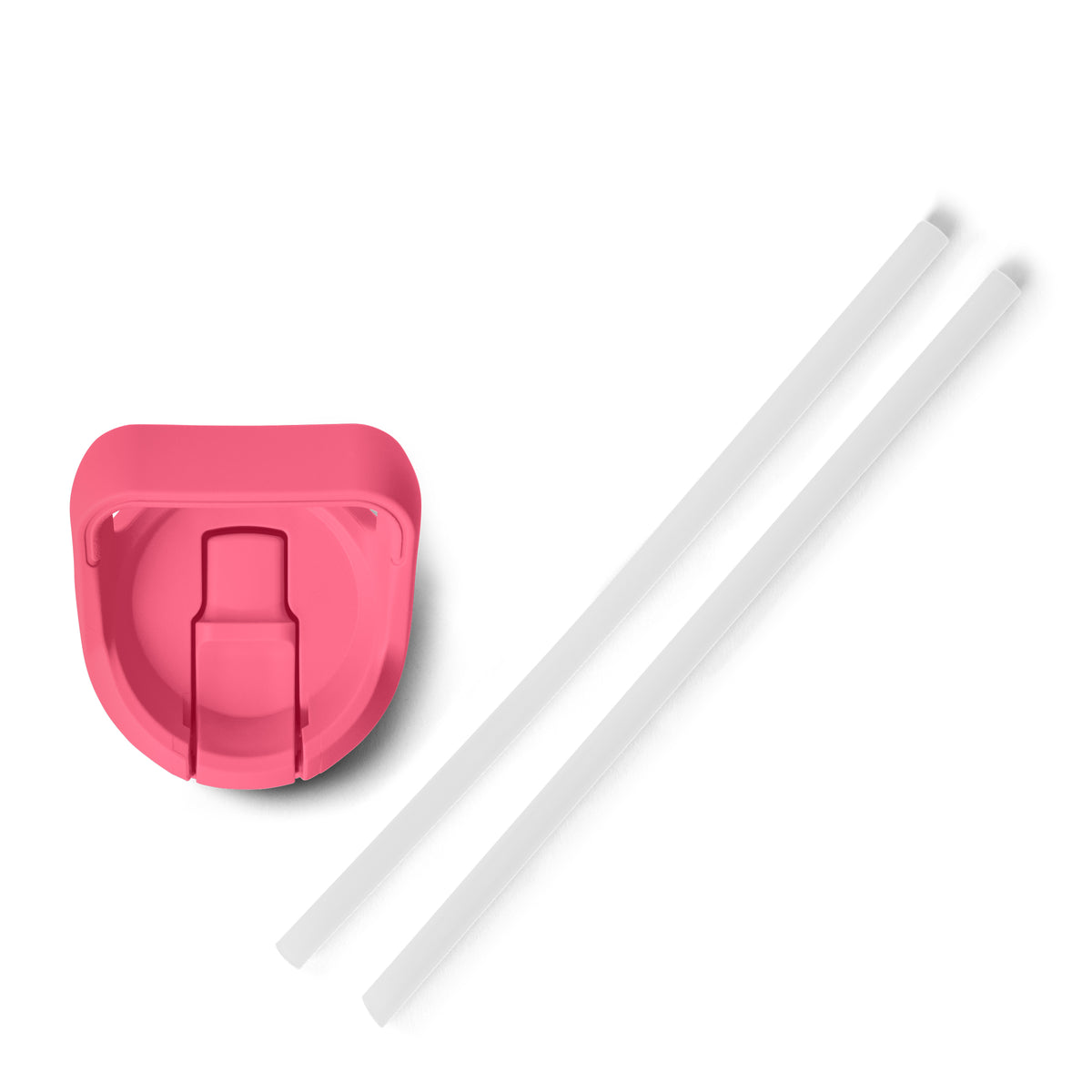 Abgebildet ist ein rosa Flip-Top-Kunststoffdeckel mit zwei durchsichtigen weißen Strohhalmen, ideal als Ersatz für Ihre YETI® Rambler JR 12 Oz Straw Bottle - Tropical Pink von YETI, dargestellt auf weißem Hintergrund.