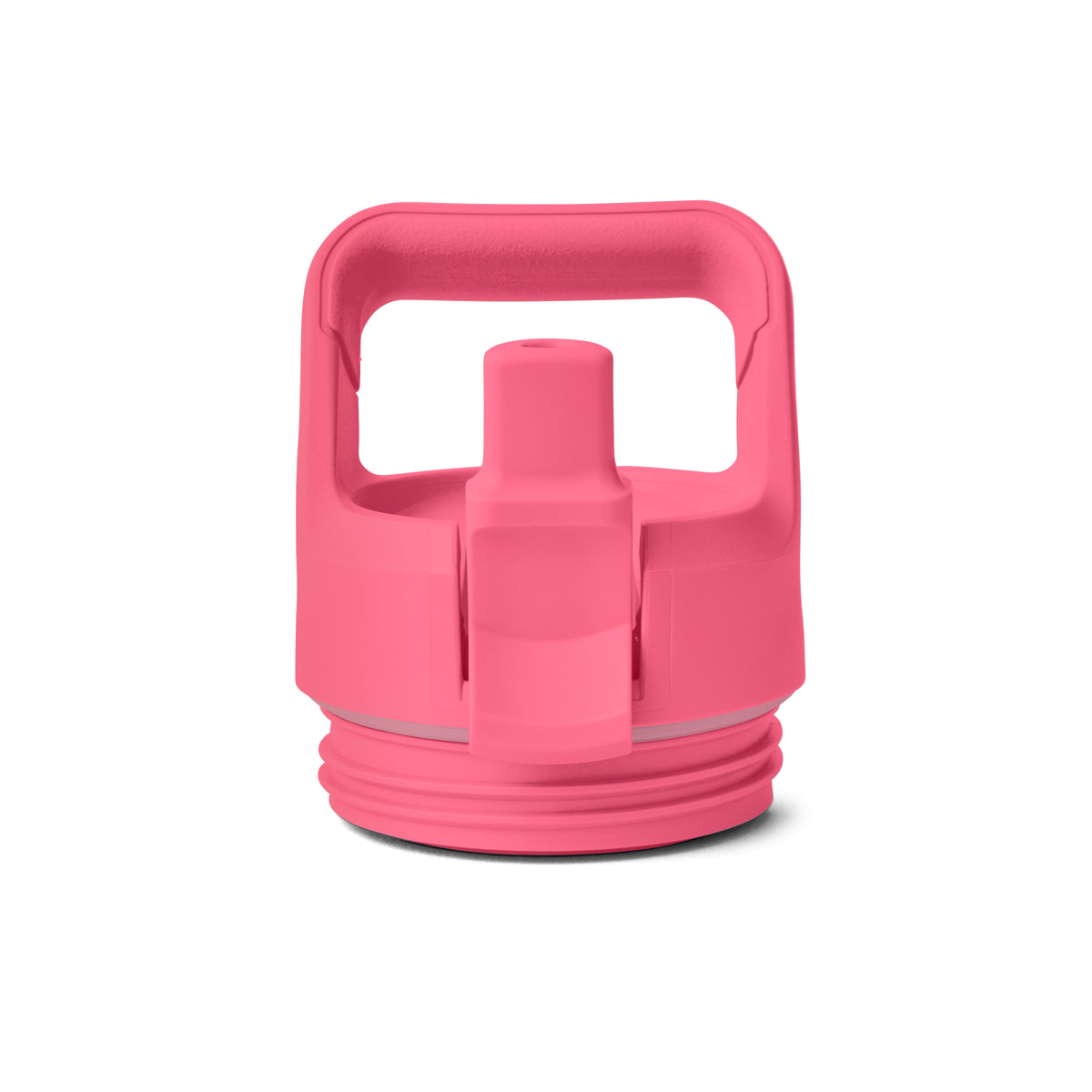 Ein rosafarbener Kunststoffdeckel mit Ausgießer und Griff, abgebildet auf weißem Hintergrund - kompatibel mit der YETI® Flasche Rambler JR 12 Oz Straw Bottle in Tropical Pink von YETI.
