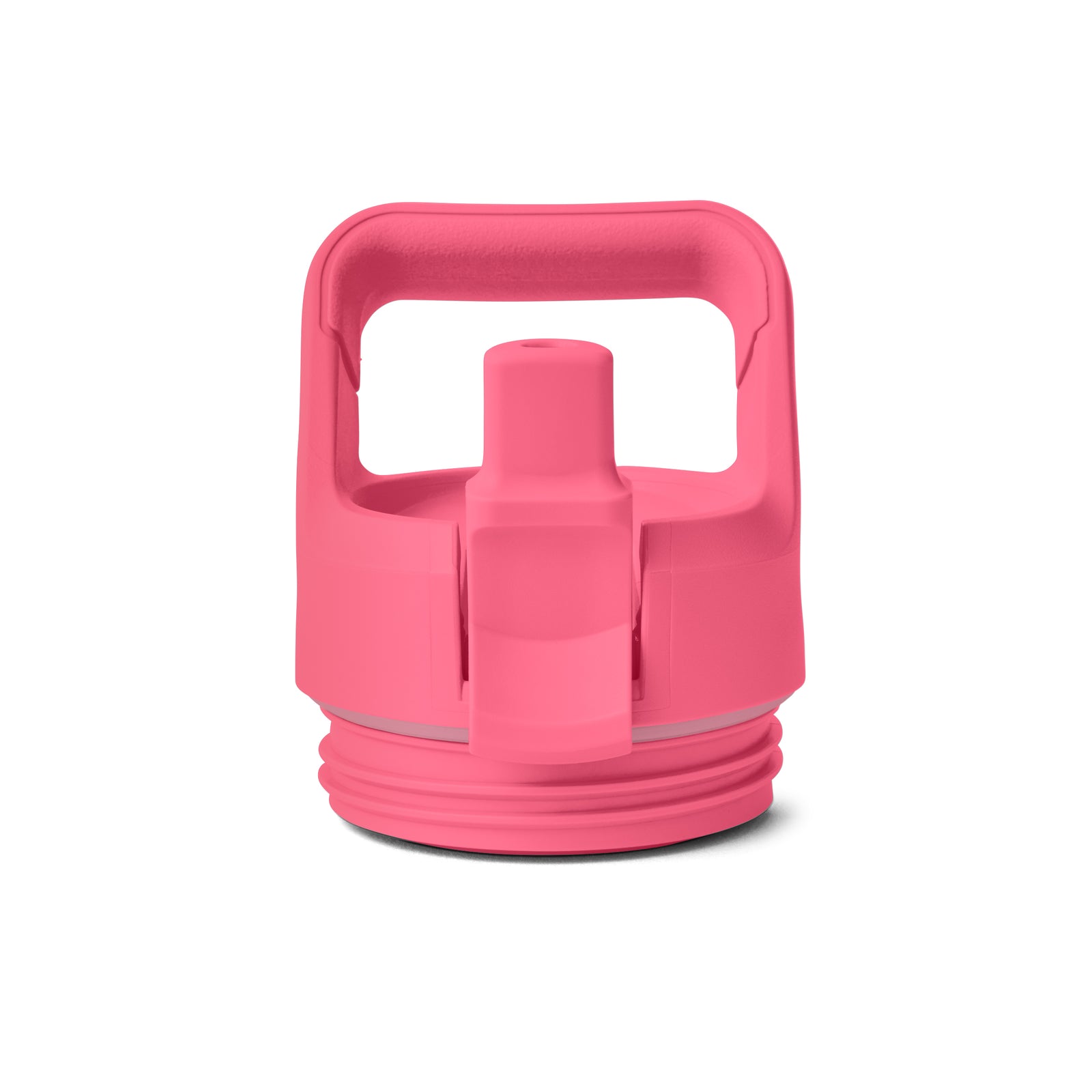 Ein rosafarbener Kunststoffdeckel mit Ausgießer und Griff, abgebildet auf weißem Hintergrund - kompatibel mit der YETI® Flasche Rambler JR 12 Oz Straw Bottle in Tropical Pink von YETI.