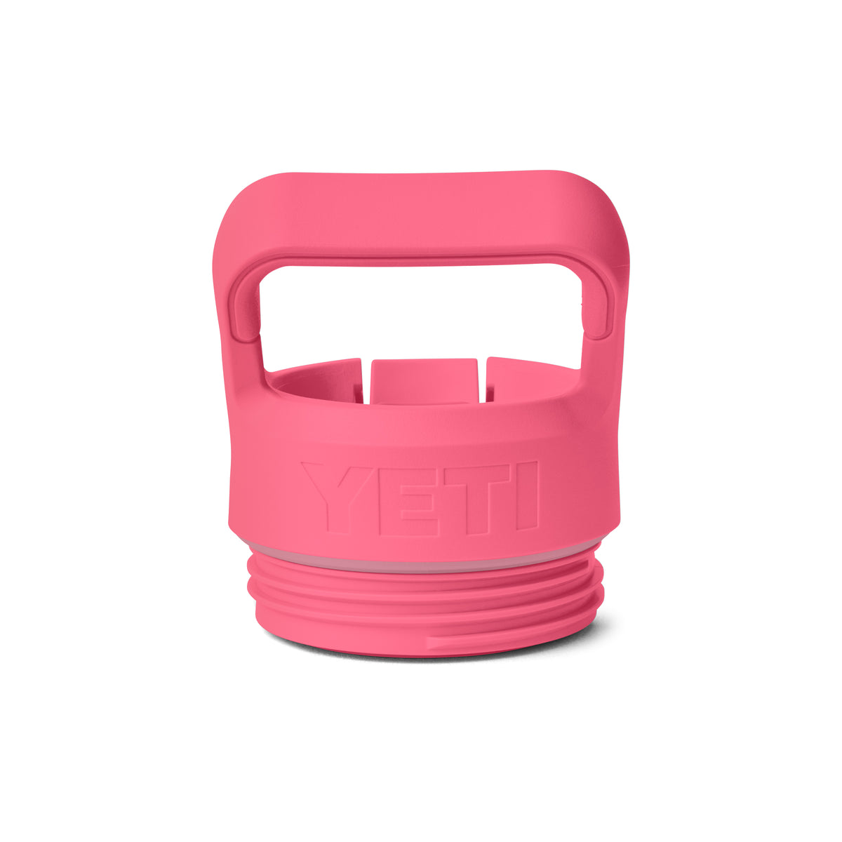 Die YETI® Flasche Rambler JR 12 Oz Straw Bottle in Tropical Pink, mit einem robusten Deckel und einem stabilen Griff, ist aufrecht vor einem schlichten weißen Hintergrund abgebildet.