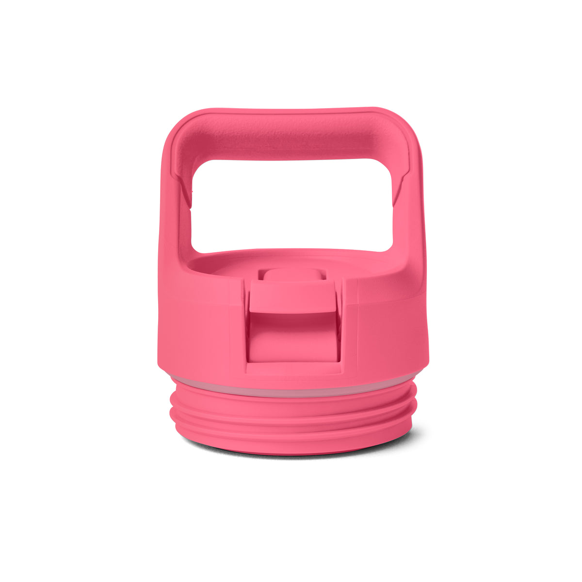 Tropischer pinkfarbener Deckel mit quadratischem Griff, Verriegelungsklinke und Gewindesockel zur sicheren Befestigung, abgebildet auf Weiß - passend zur YETI® Rambler JR 12 oz Straw Bottle von YETI.