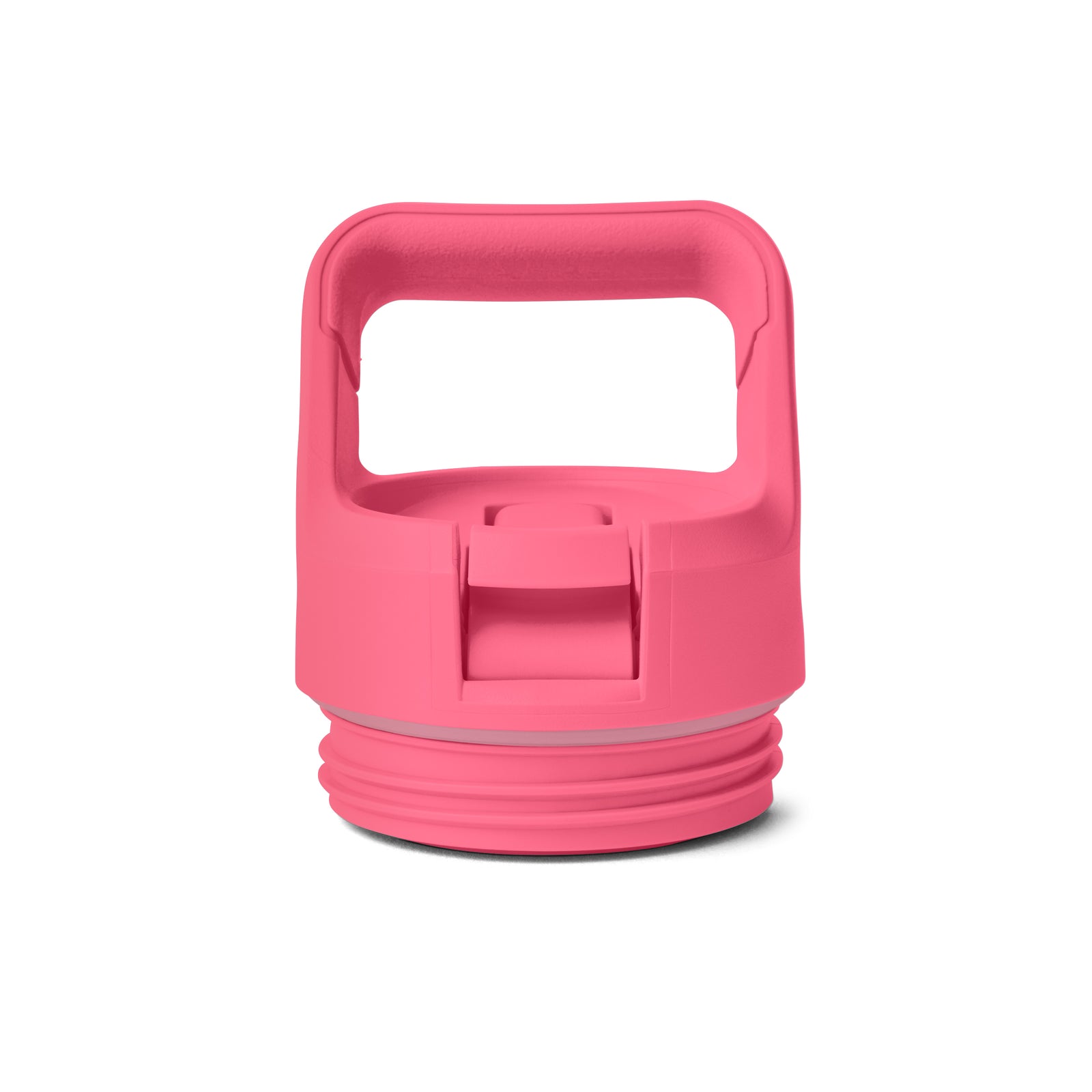 Tropischer pinkfarbener Deckel mit quadratischem Griff, Verriegelungsklinke und Gewindesockel zur sicheren Befestigung, abgebildet auf Weiß - passend zur YETI® Rambler JR 12 oz Straw Bottle von YETI.