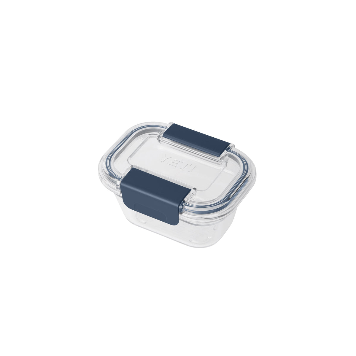 Der YETI® Food Storage Small ist ein klarer, rechteckiger, BPA-freier Behälter mit einem blauen Deckel und zwei blauen Verschlussclips an den Seiten. Er ist auslaufsicher und vor einem schlichten weißen Hintergrund abgebildet.