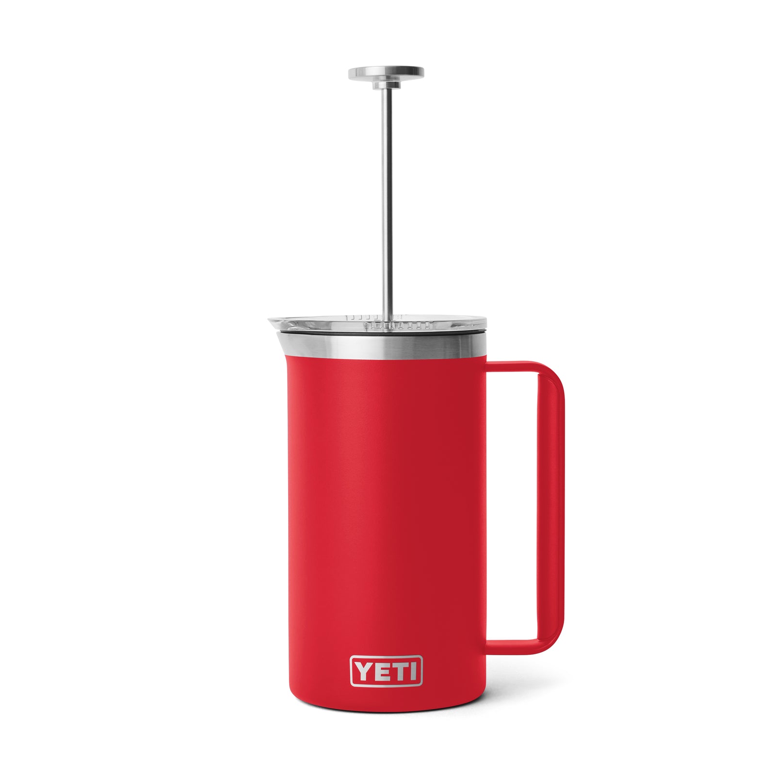 Die YETI® French Press 34 Oz in Rescue Red verfügt über einen Edelstahlkolben und -deckel, einen Seitengriff und ein YETI-Logo. Sie besteht aus vakuumisoliertem Edelstahl und ist spülmaschinenfest.