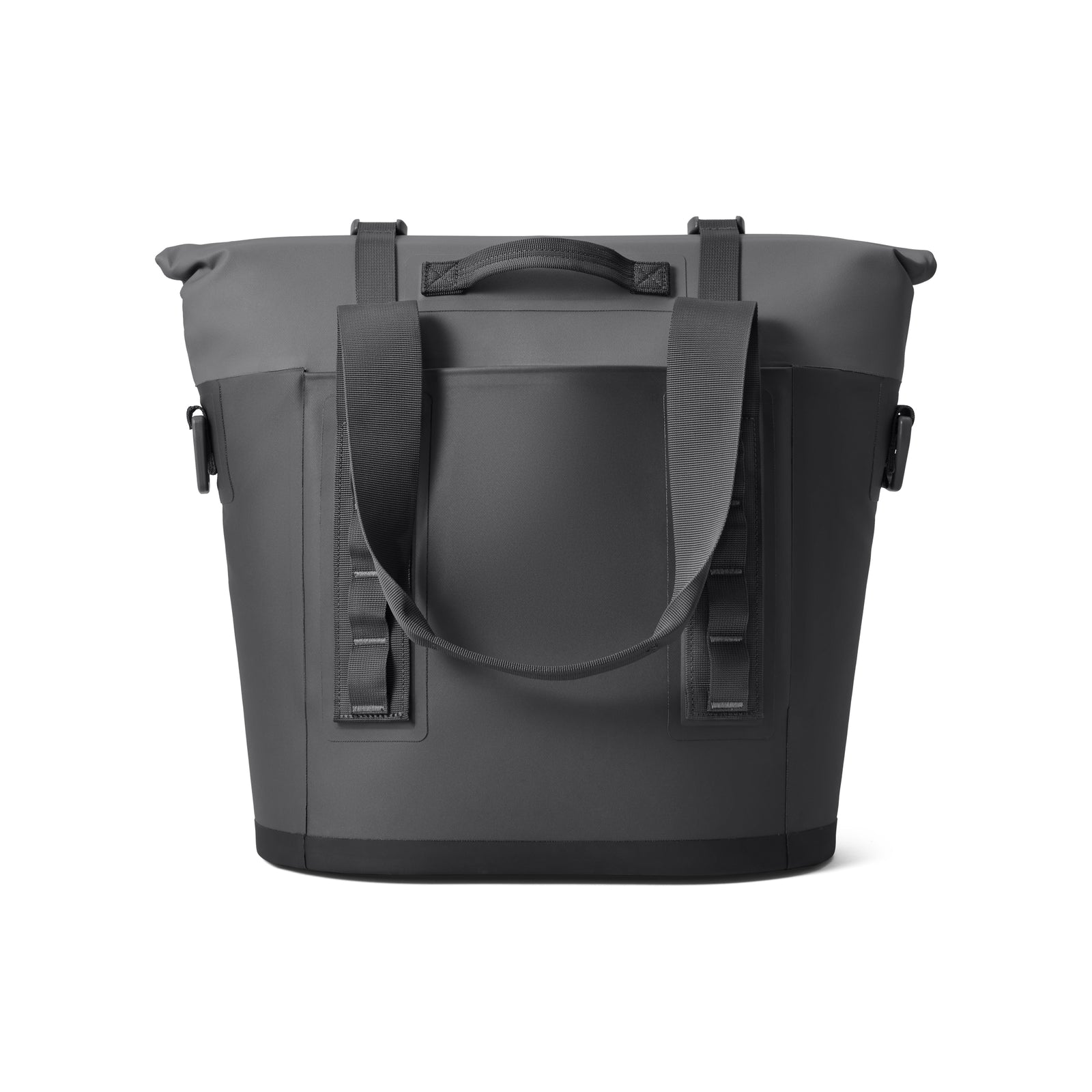Die YETI® Hopper M15 Soft Cooler in Charcoal von YETI besticht durch ihr schlankes, minimalistisches Design mit zwei kurzen Griffen, langen Schulterriemen und einer Fronttasche - ideal als stylische Kühltasche für das Nötigste oder für Ausflüge. Abgebildet auf weißem Hintergrund.