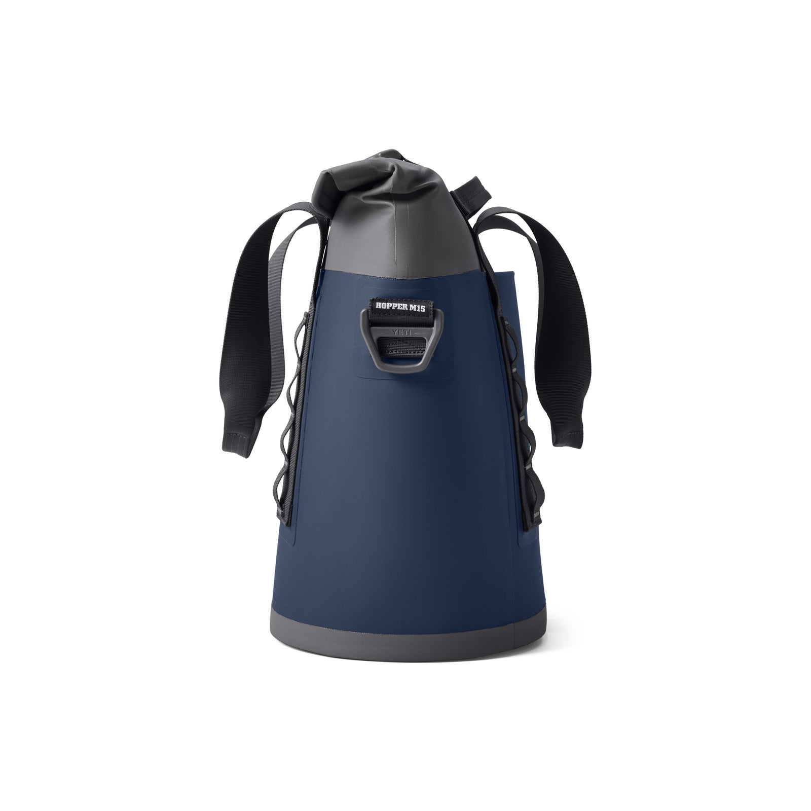 Die YETI® Hopper M15 Soft Cooler - Navy von YETI hat schwarze Gurte, einen Tragegriff und einen Rolltop-Verschluss und steht aufrecht auf einem weißen Hintergrund.