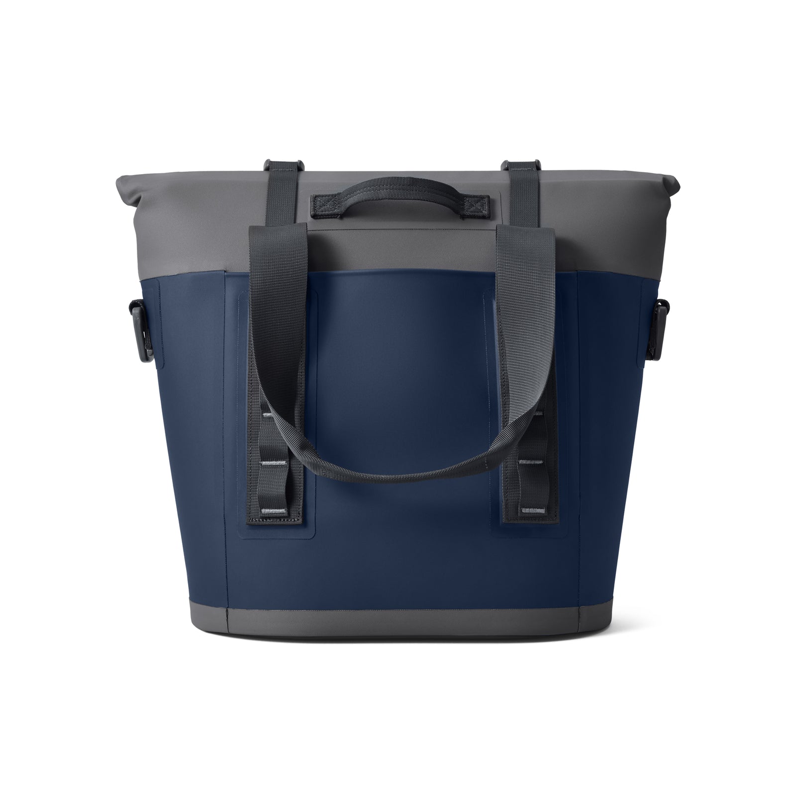 Ein YETI® Hopper M15 Soft Cooler in Marineblau mit schwarzen Schulterriemen und Griffen steht aufrecht auf einem weißen Hintergrund.