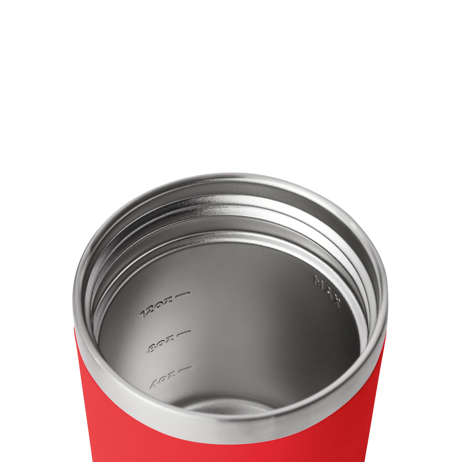 Der YETI® Isolierter Essensbehälter Rambler 16 oz in Rescue Red, von oben betrachtet, zeigt im Inneren Messmarkierungen auf den Ebenen 12 oz, 8 oz und 4 oz.