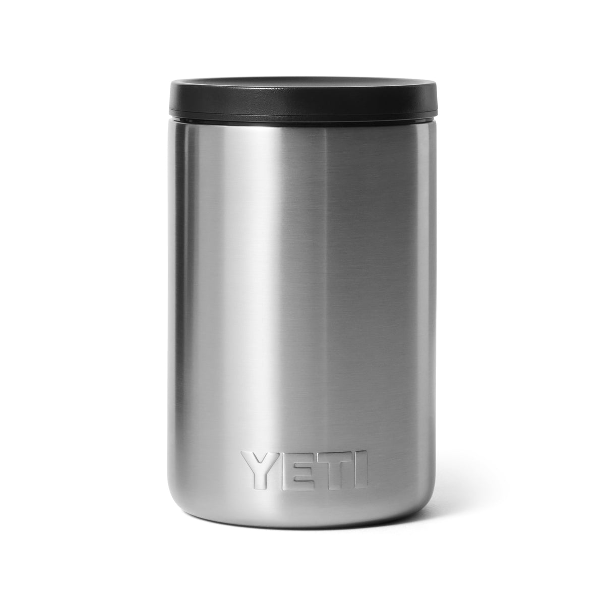Der YETI® Isolierter Essensbehälter Rambler 16 oz aus Edelstahl mit schwarzem Deckel steht aufrecht vor weißem Hintergrund. Das eingeprägte YETI Logo befindet sich nahe der Basis.