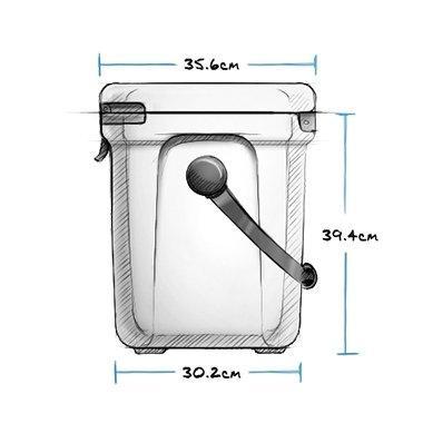 Eine Skizze der YETI® Kühlbox Roadie 24 - Tan von YETI mit einem seitlichen Griff. Abgebildet sind die Maße der tragbaren Kühlbox: Breite 35,6 cm, Höhe 39,4 cm und Tiefe 30,2 cm.