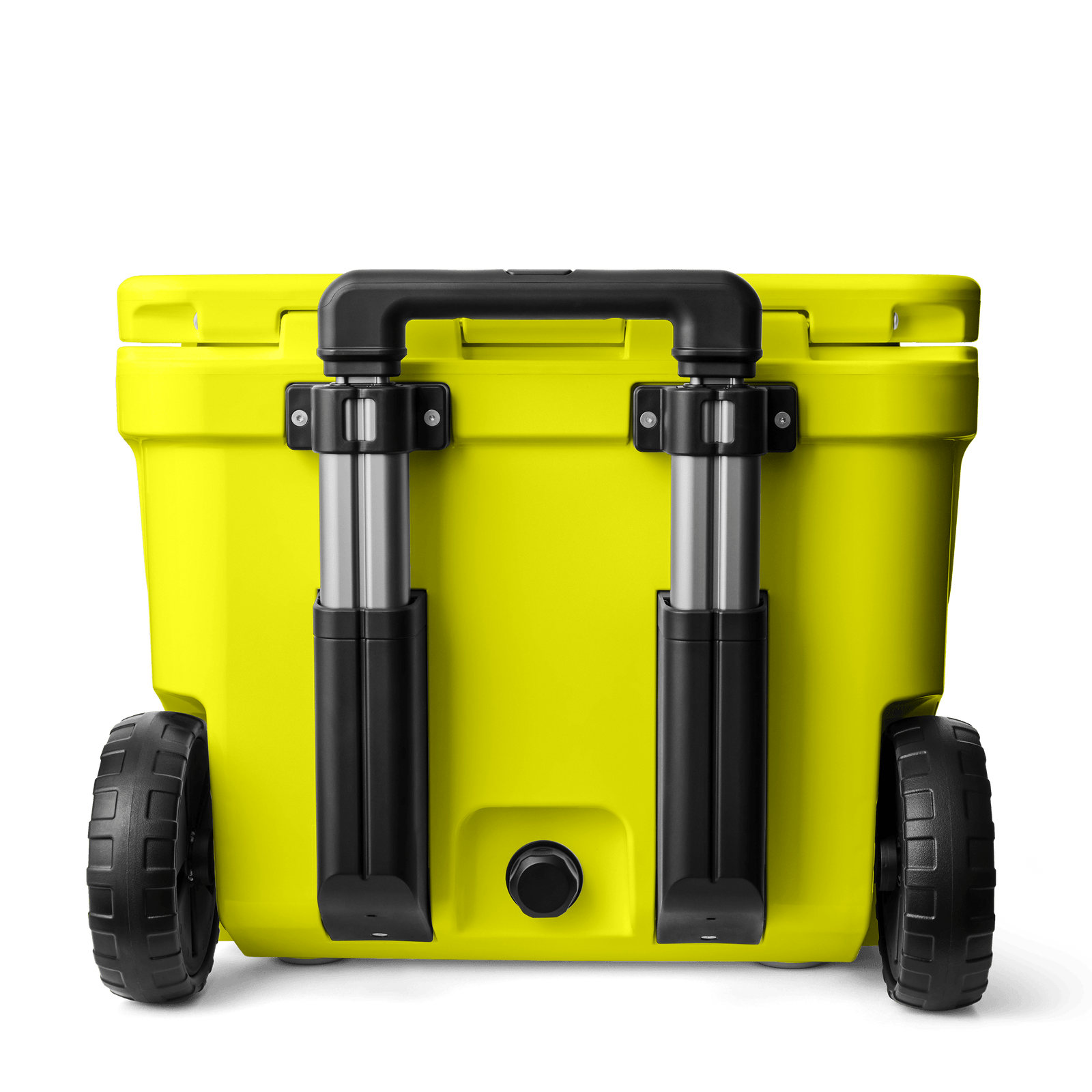 Die YETI® Kühlbox Roadie 32 in Firefly Yellow verfügt über einen schwarzen Griff, zwei große Räder und zwei schwarze zylindrische Schlitze auf der Rückseite, alles auf einem schlichten weißen Hintergrund.