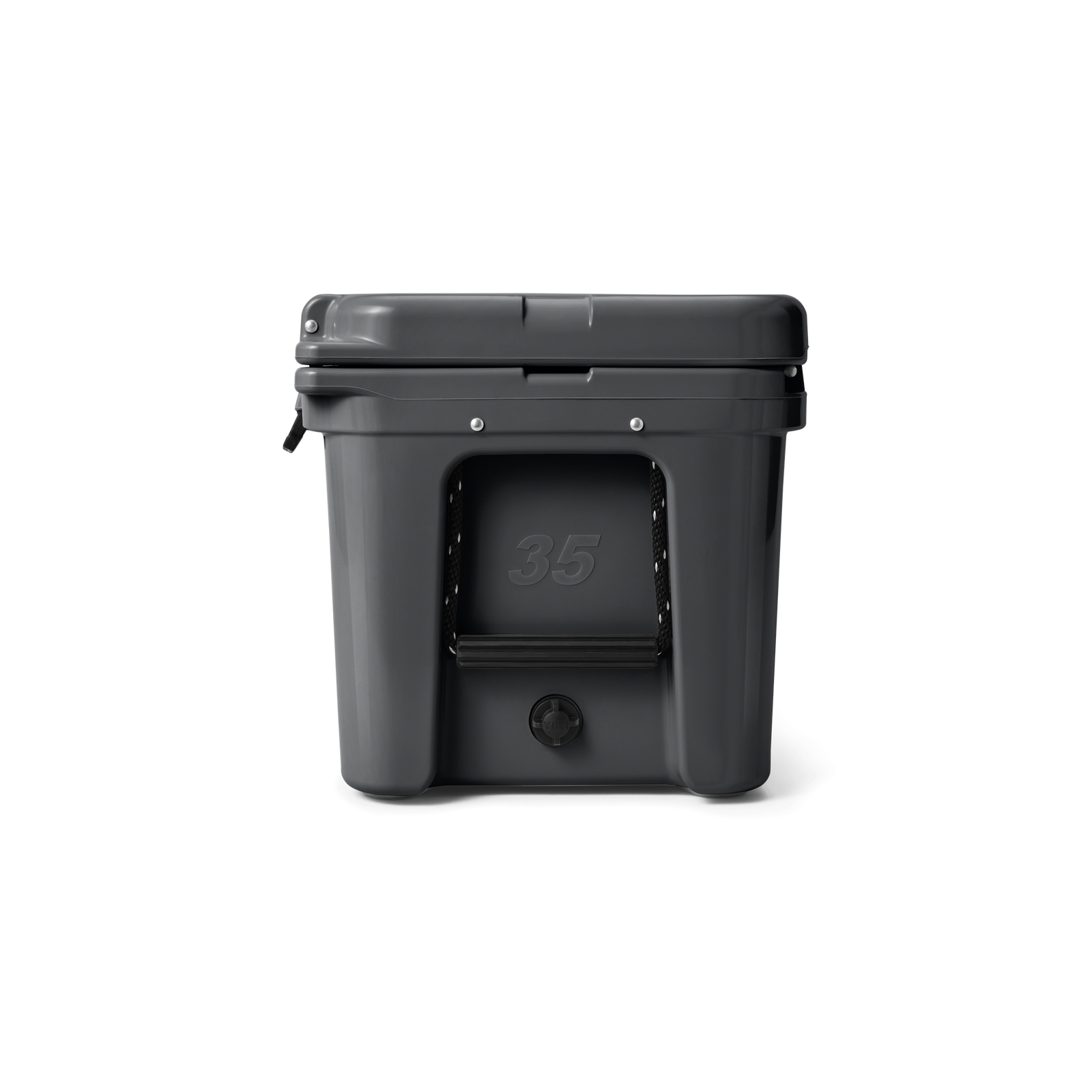 Eine YETI® Kühlbox Tundra 35 - Holzkohle-Hartschalenkühlbox mit Deckel, seitlichen Griffen und der Prägung "35" auf der Vorderseite, von YETI, abgebildet auf einem schlichten weißen Hintergrund.
