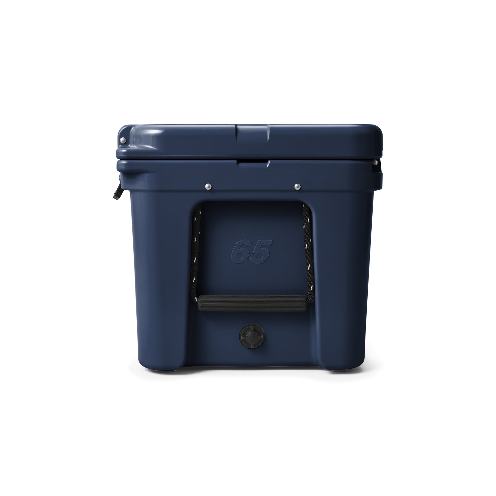 Die geräumige, marineblaue YETI® Kühlbox Tundra 65 von YETI mit robustem, rechteckigem Design und geprägter "65" auf der Vorderseite - ideal zum Campen - steht vor einem schlichten weißen Hintergrund.
