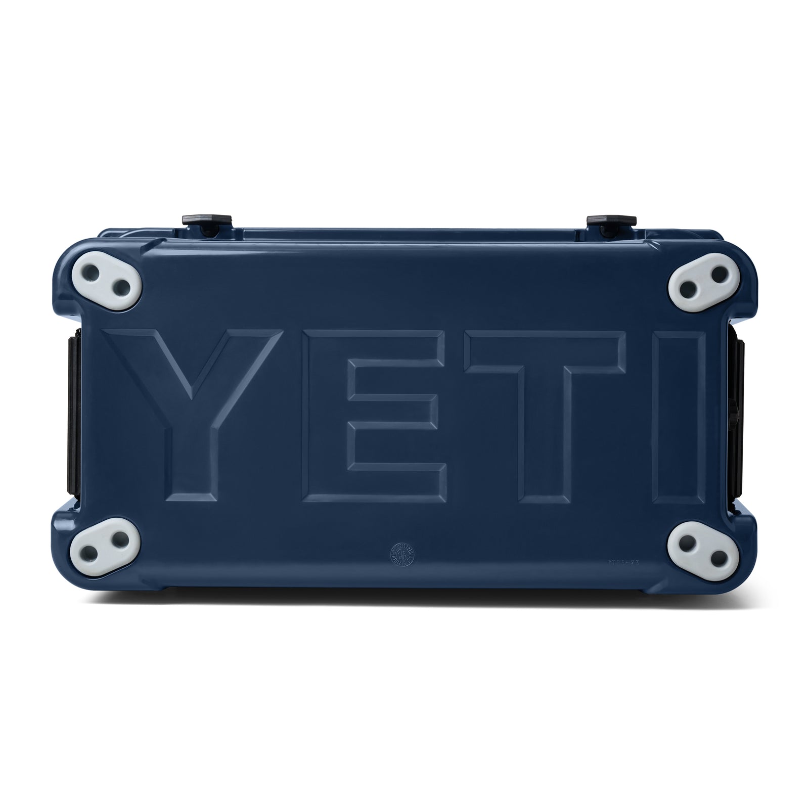 Die YETI® Kühlbox Tundra 65 in Navy, von oben gesehen, hat das geprägte YETI-Logo auf dem Deckel und vier weiße Eckfüße - ideal für Ihr nächstes Campingabenteuer.