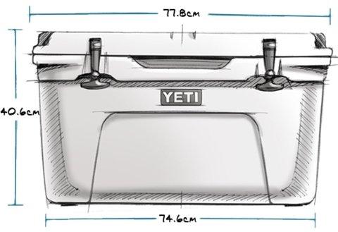 Eine Skizze der YETI® Kühlbox Tundra 65 - White mit beschrifteten Abmessungen: 77,8 cm breit, 74,6 cm Boden, 40,6 cm hoch. Mit zwei Verschlüssen und einem YETI-Logo - perfekt für Outdoor-Abenteuer.