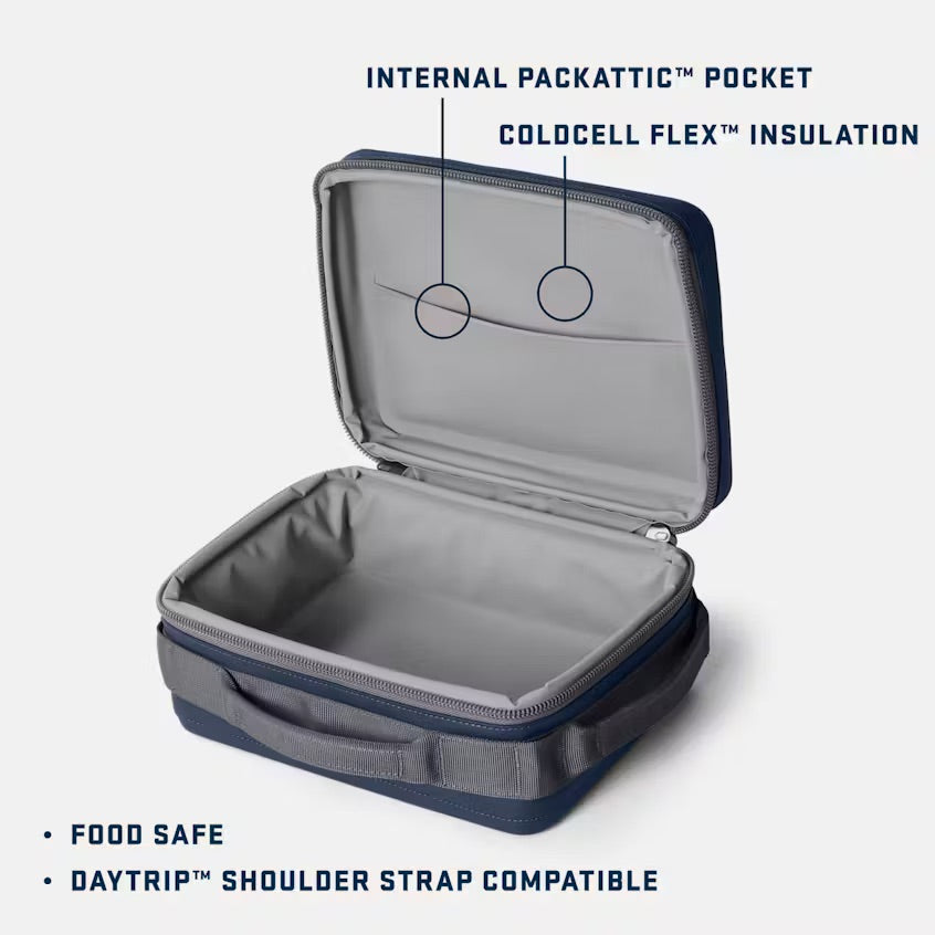 Geöffnete YETI® Kühltasche Daytrip Lunch Box 5L - Charcoal mit beschrifteten Features: PackAttic-Innenfach, ColdCell Flex Isolierung. Lebensmittelecht, kompatibel mit dem Daytrip Schultergurt - stilvolle, isolierte Lunchbox von YETI.
